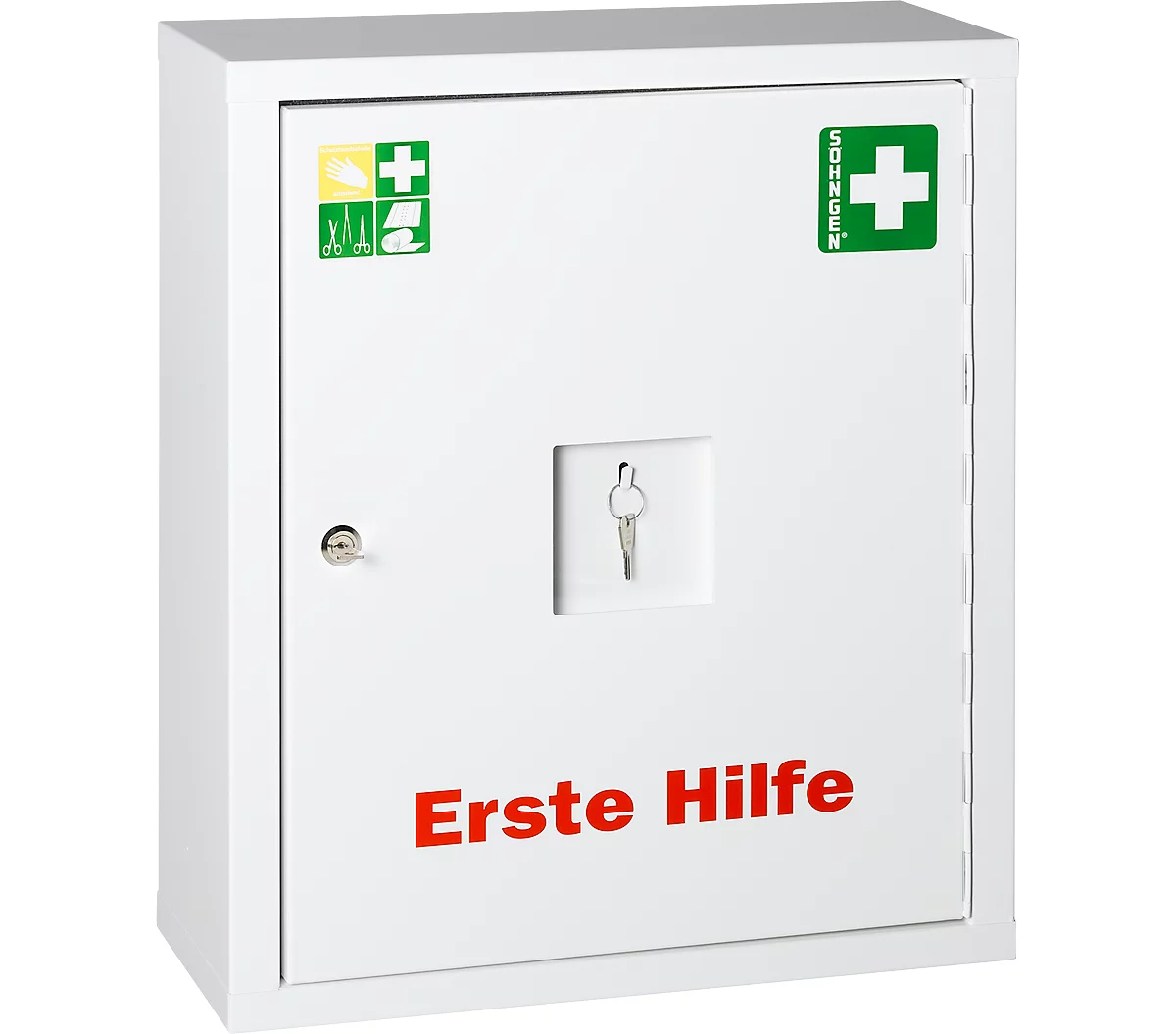 Armario de emergencia metálico EUROSAFE, ancho 490 x fondo 200 x alto 560 mm, con contenido según DIN 13169, blanco