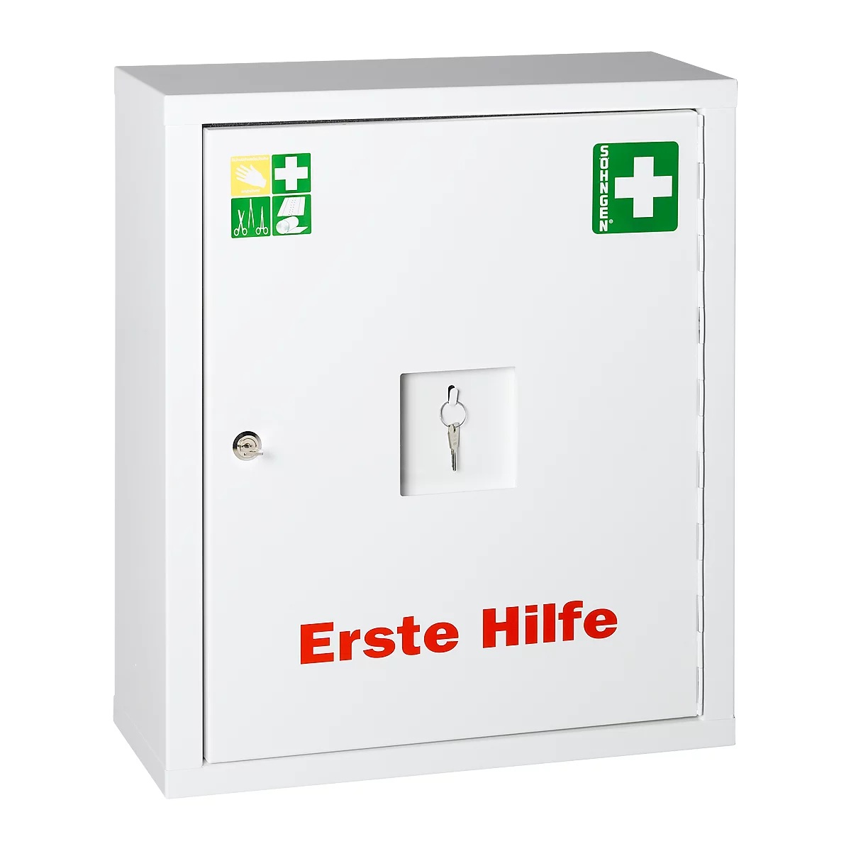 Armario de emergencia metálico EUROSAFE, ancho 490 x fondo 200 x alto 560 mm, con contenido según DIN 13169, blanco