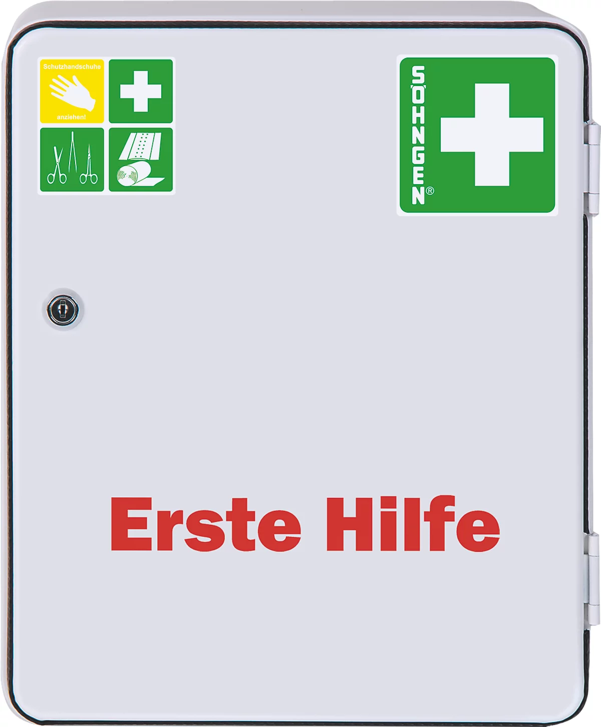 Armario de emergencia metálico HEIDELBERG, ancho 302 x fondo 140 x alto 362 mm, con contenido según DIN 13157, blanco