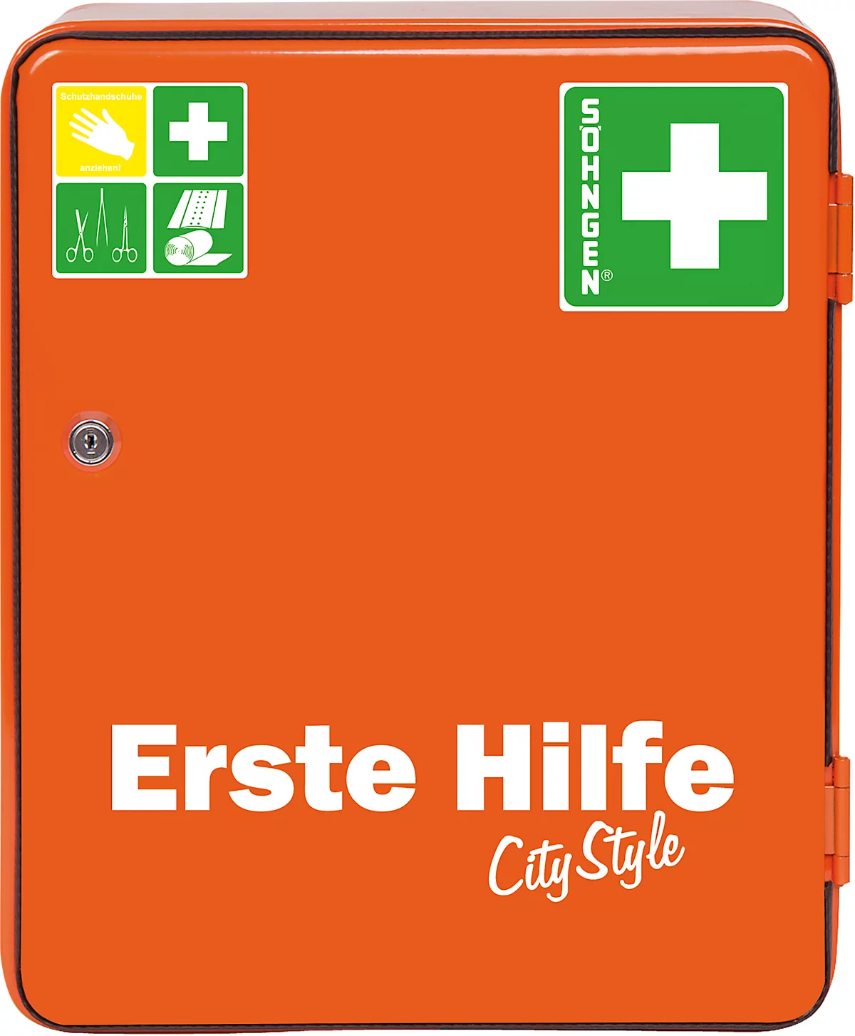 Armario de emergencia metálico HEIDELBERG, ancho 302 x fondo 140 x alto 362 mm, con contenido según DIN 13157, naranja