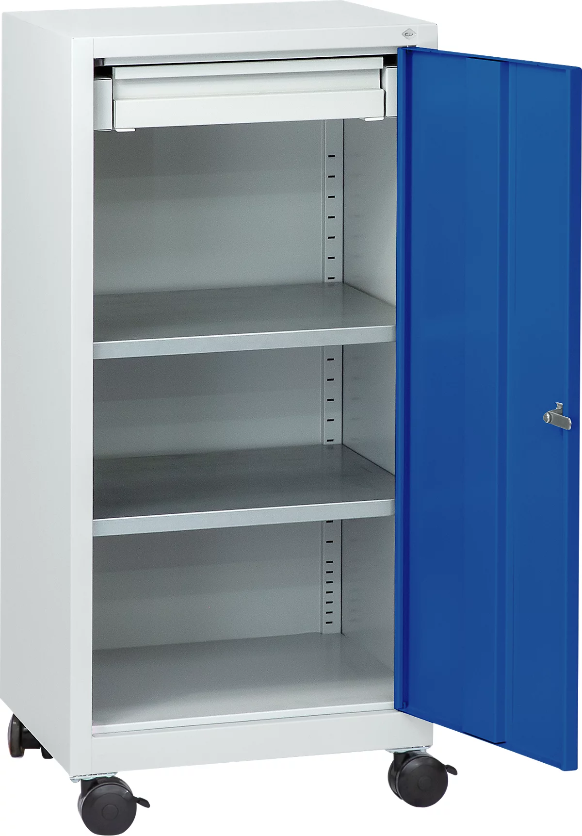 Armario de herramientas con ruedas, puerta batiente, 2 estantes, 1 cajón, An 500 x P 500 x Al 1000 mm, con cerradura, gris luminoso/azul