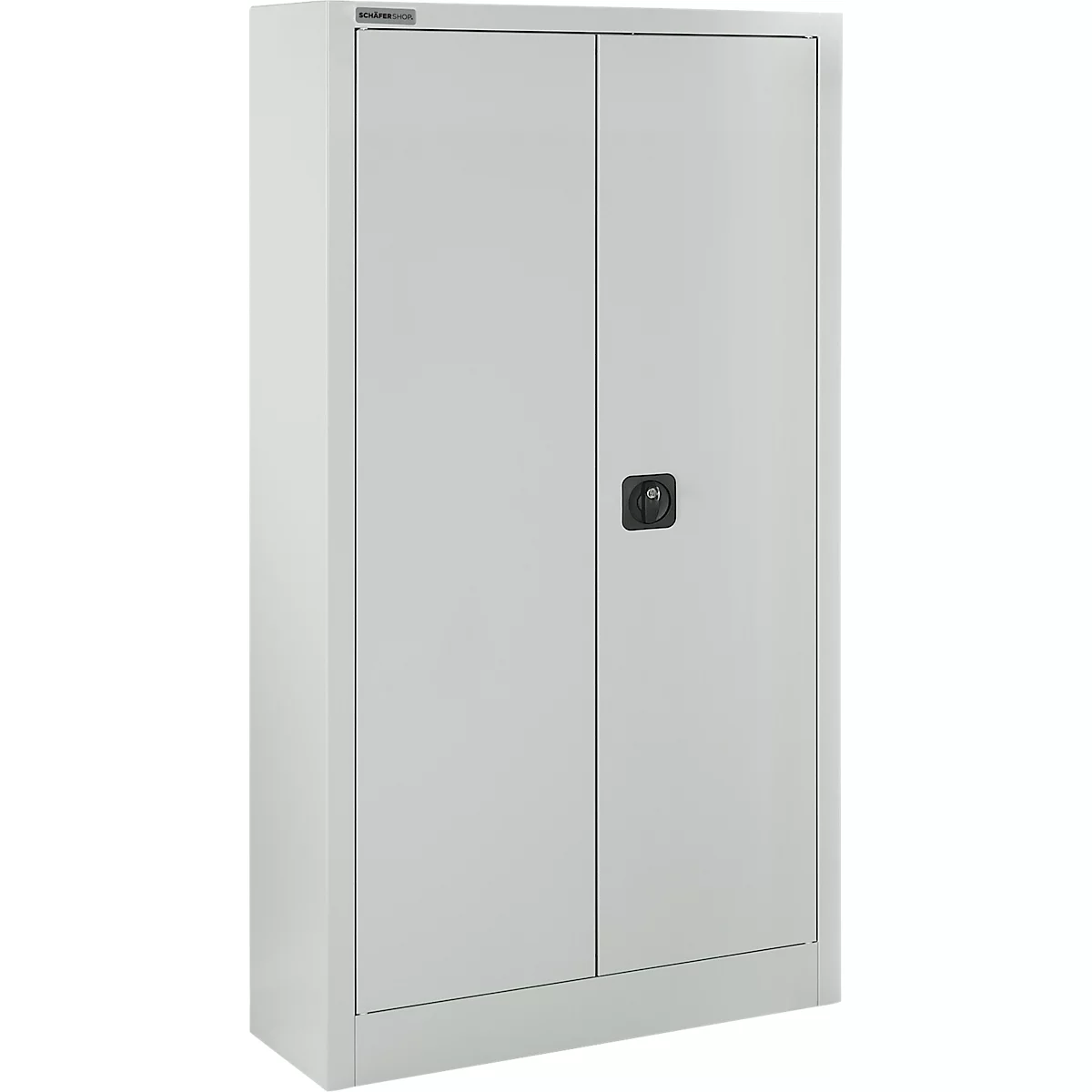 Gabinete metálico gris con dos puertas y un asa negra. Se puede ver el logotipo de una empresa encima de las puertas.
