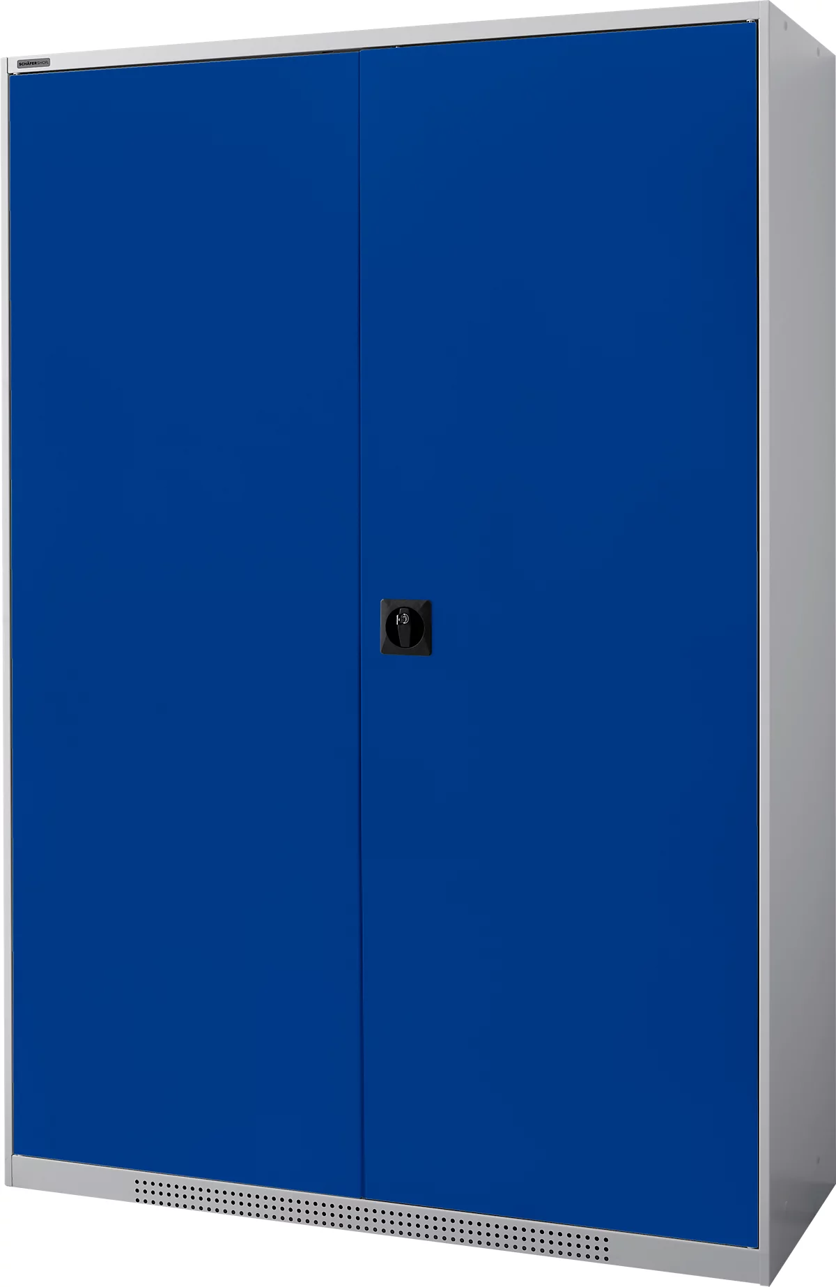 Armario de puertas batientes Schäfer Shop Genius FS, acero, con rejillas de ventilación, ancho 1343 x fondo 520 x alto 1950 mm, 5 OH, aluminio blanco/ azul genciana, hasta 750 kg