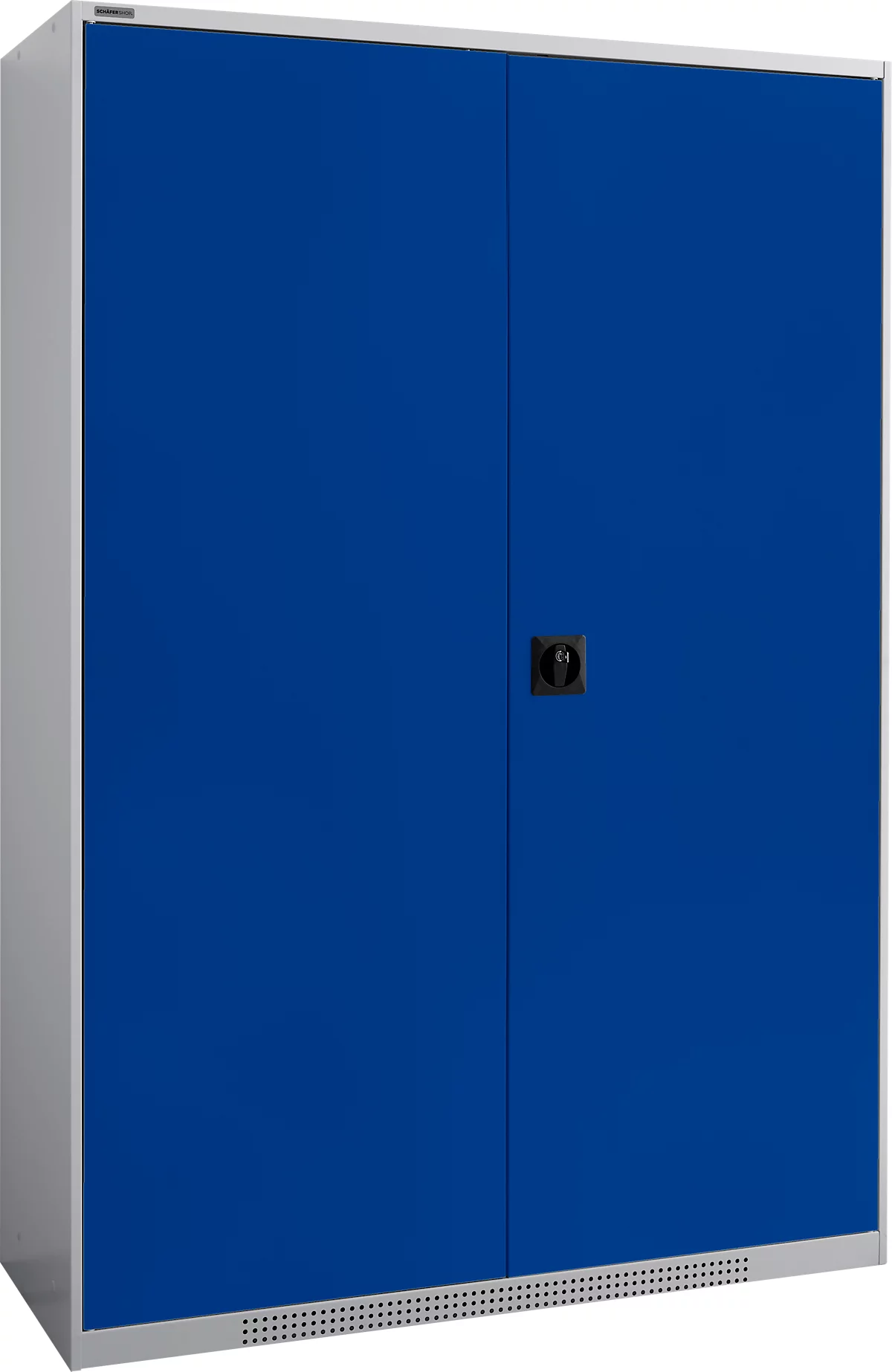 Armario de puertas batientes Schäfer Shop Genius FS, acero, con rejillas de ventilación, ancho 1343 x fondo 520 x alto 1950 mm, 5 OH, aluminio blanco/ azul genciana, hasta 750 kg