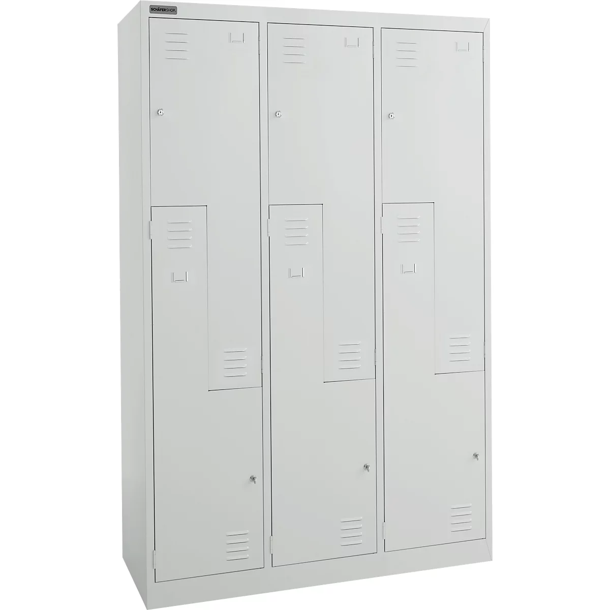 Armario de ropa, 6 compartimentos con estante para sombreros y barras de ropa, así como 6 compartimentos, puertas en Z, cerradura de cilindro, con zócalo, A 1200 x P 450 x H 1850 mm, acero con recubrimiento de polvo, gris claro/gris claro