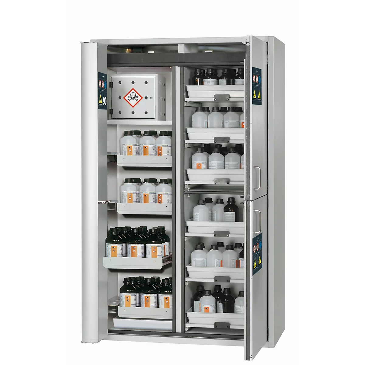 Armario de seguridad combinado tipo 90 asecos K-PHOENIX Vol.2-90, puertas batientes y plegables con cierre automático, frontal gris luminoso, An 1197 x P 617 x Al 1969 mm