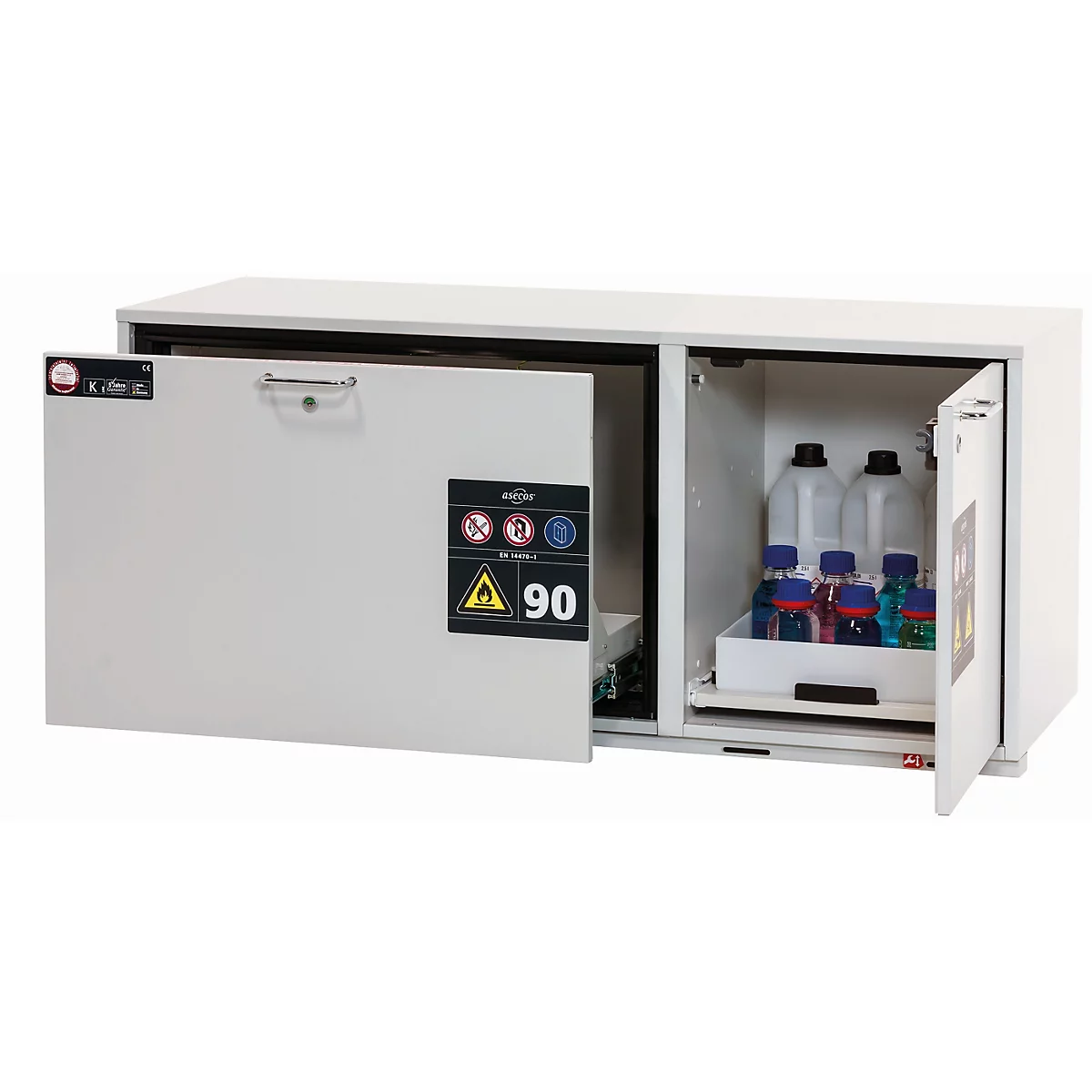 Armario de seguridad combinado tipo 90 asecos K-UB-90, 1 cajón, 1 puerta batiente, bisagra a la izquierda, frontal gris luminoso, An 1402 x P 502 x Al 601 mm