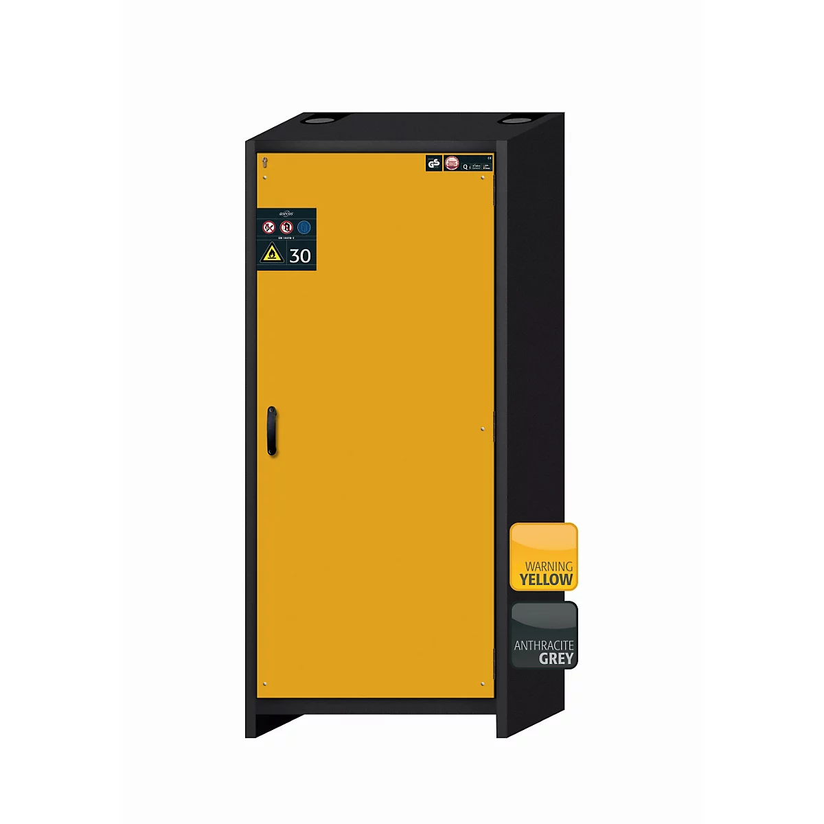 Armario de seguridad tipo 30 asecos Q-CLASSIC-30, puerta batiente, bisagra a la derecha, frontal amarillo de seguridad, An 864 x P 620 x Al 1947 mm