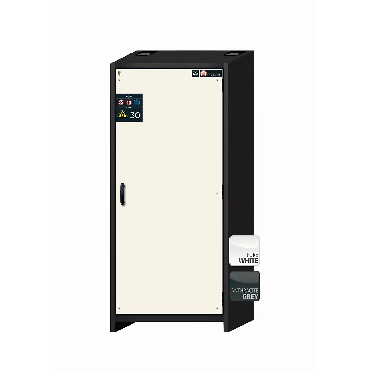 Armario de seguridad tipo 30 asecos Q-CLASSIC-30, puerta batiente, bisagra a la derecha, frontal blanco puro, An 864 x P 620 x Al 1947 mm