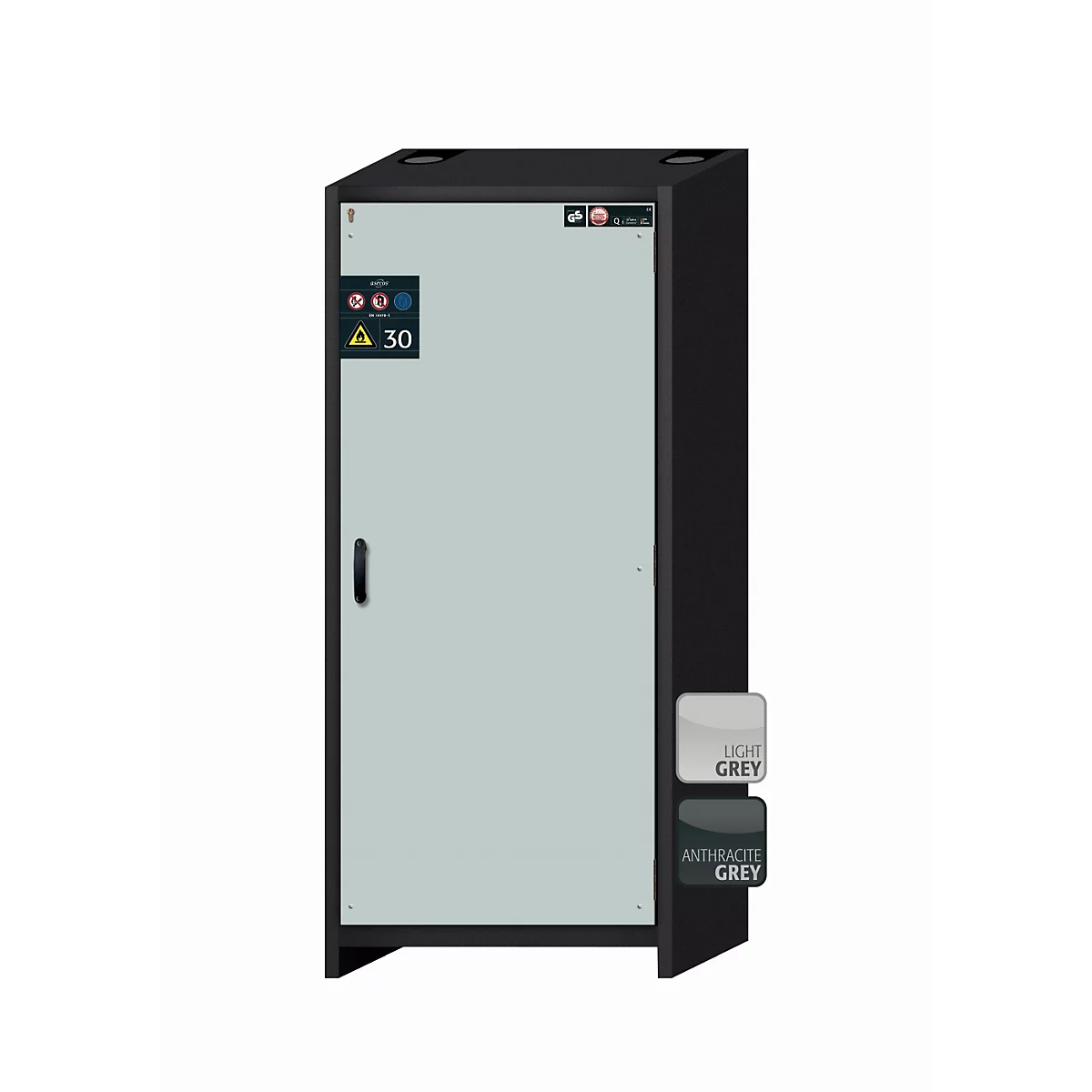 Armario de seguridad tipo 30 asecos Q-CLASSIC-30, puerta batiente, bisagra a la derecha, frontal gris luminoso, An 864 x P 620 x Al 1947 mm