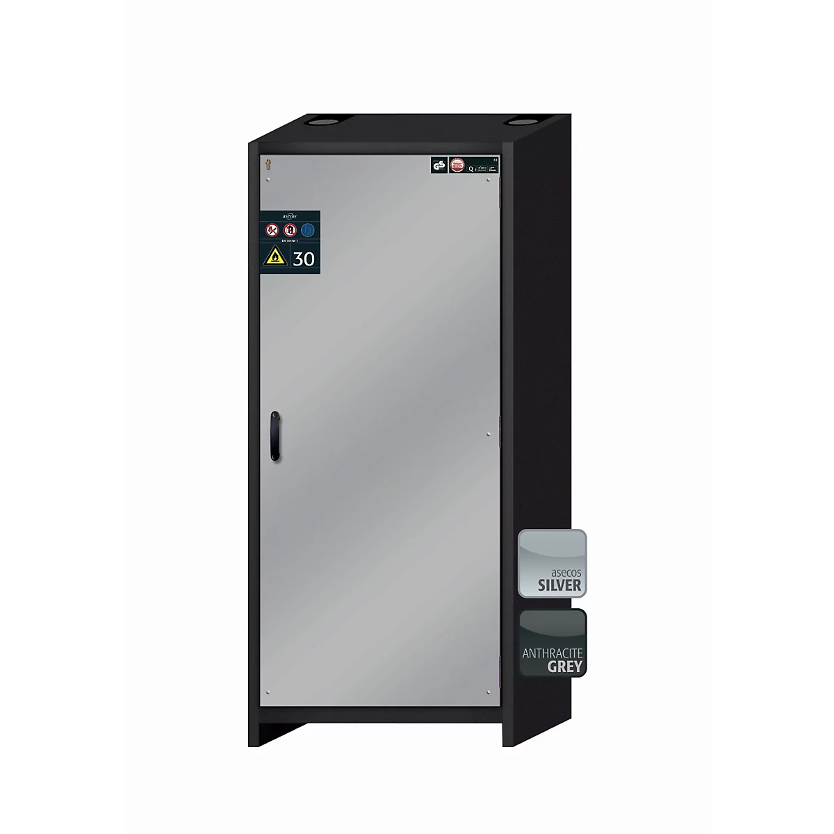 Armario de seguridad tipo 30 asecos Q-CLASSIC-30, puerta batiente, bisagra a la derecha, frontal plata asecos, An 864 x P 620 x Al 1947 mm