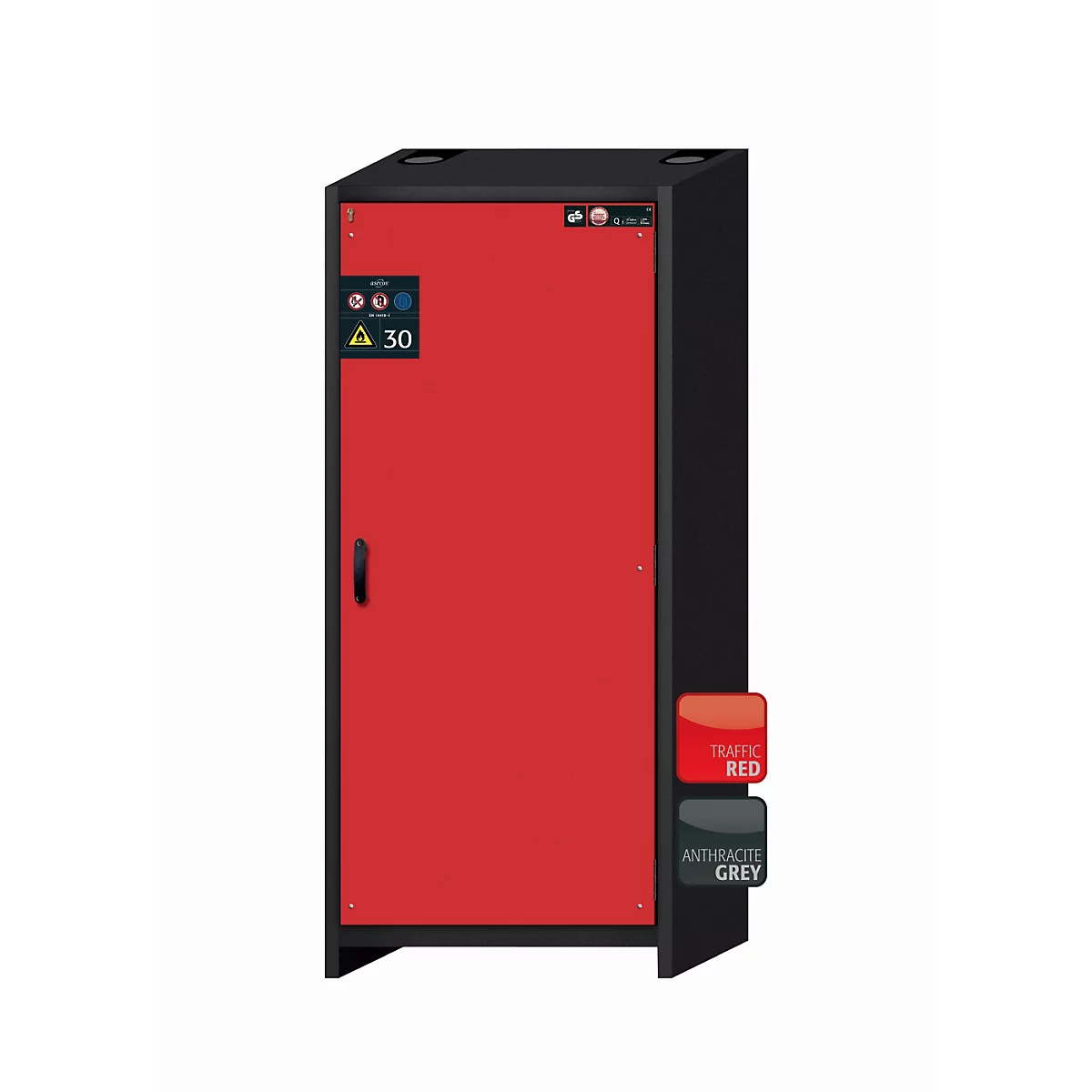 Armario de seguridad tipo 30 asecos Q-CLASSIC-30, puerta batiente, bisagra a la derecha, frontal rojo tráfico, An 864 x P 620 x Al 1947 mm