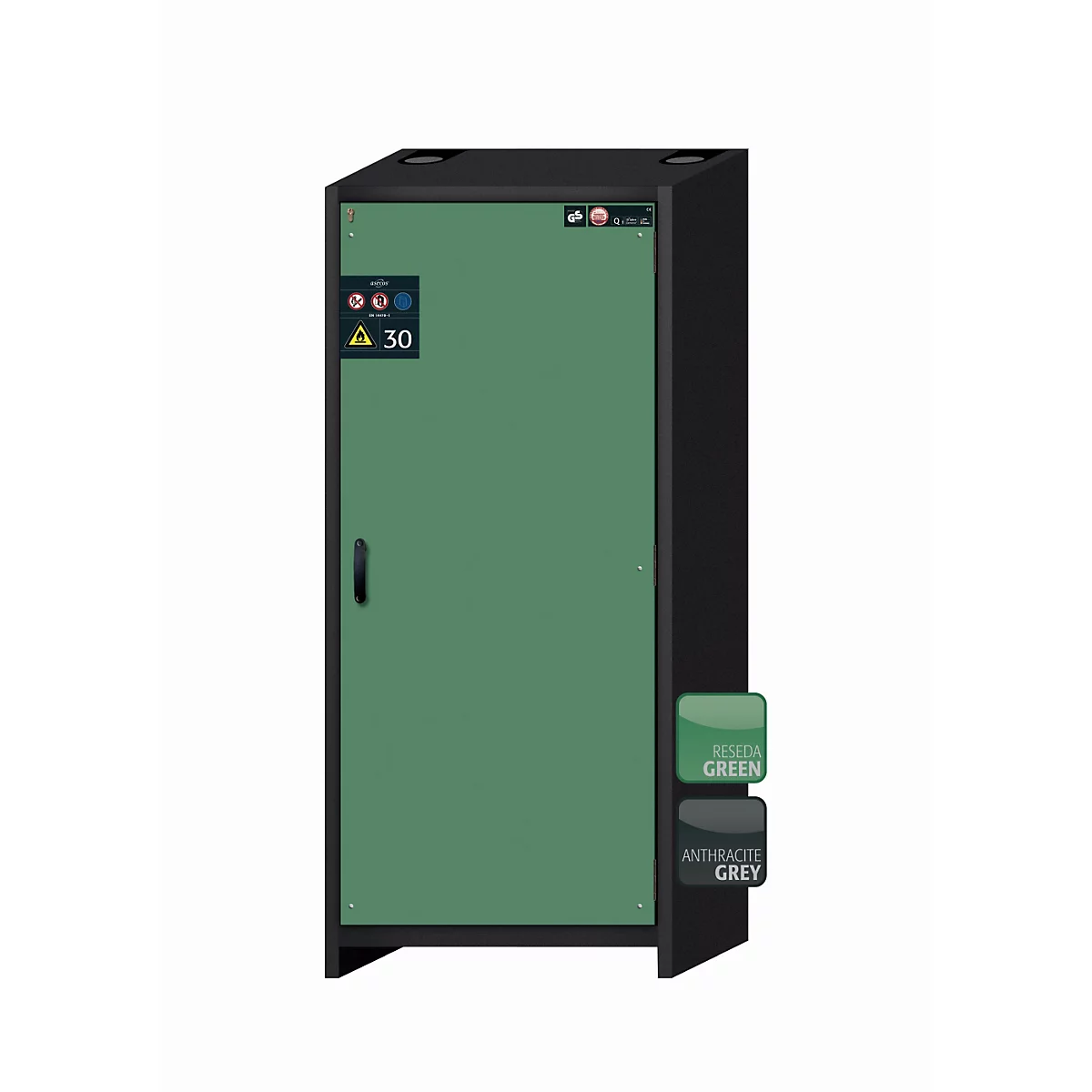 Armario de seguridad tipo 30 asecos Q-CLASSIC-30, puerta batiente, bisagra a la derecha, frontal verde reseda, An 864 x P 620 x Al 1947 mm