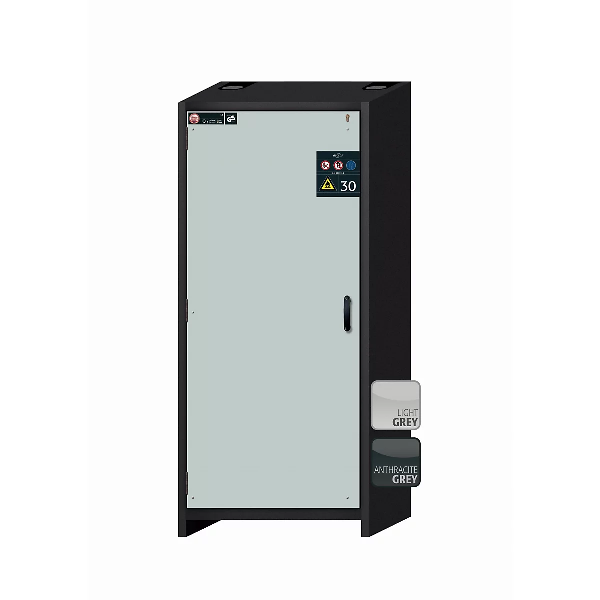 Armario de seguridad tipo 30 asecos Q-CLASSIC-30, puerta batiente, bisagra a la izquierda, frontal gris luminoso, An 864 x P 620 x Al 1947 mm