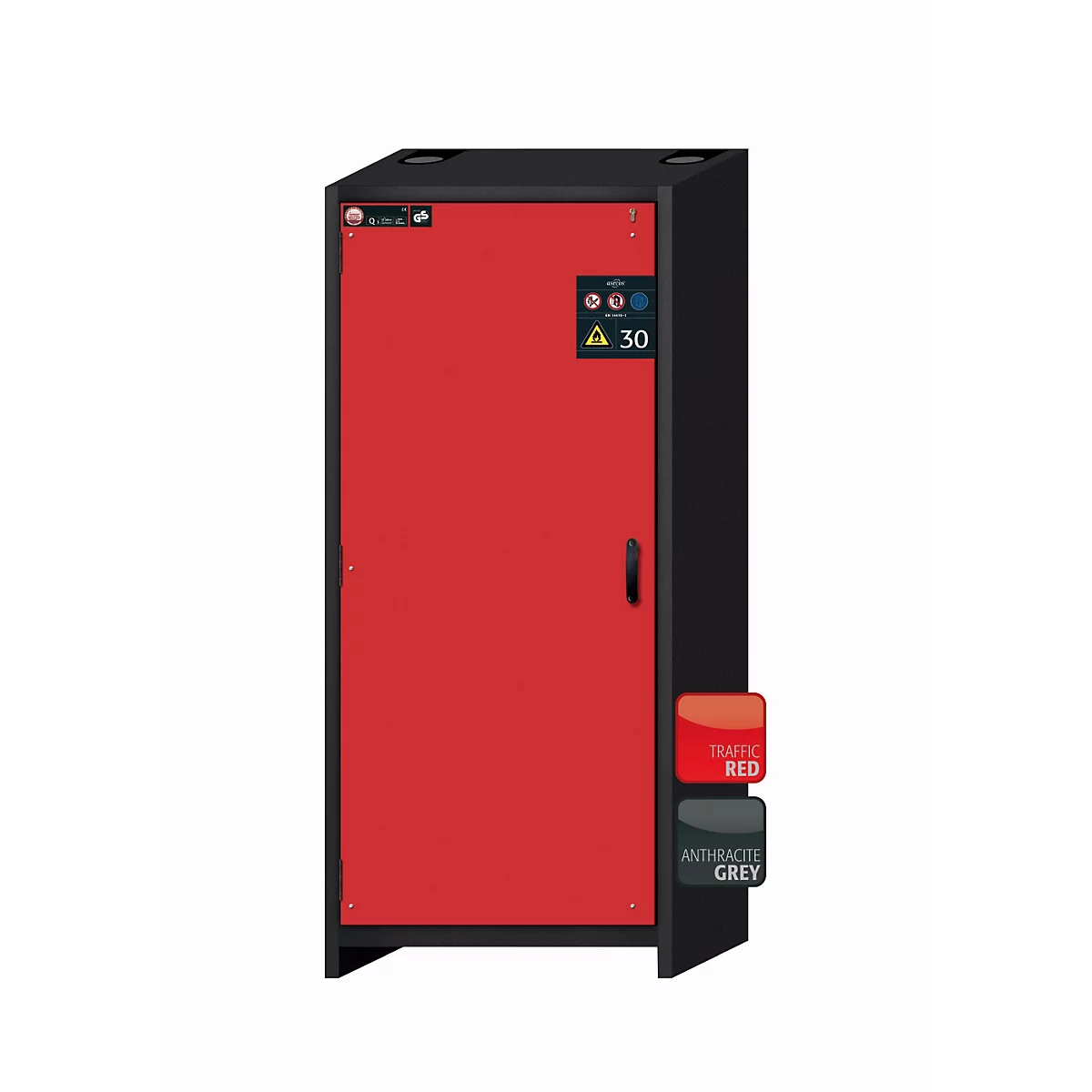 Armario de seguridad tipo 30 asecos Q-CLASSIC-30, puerta batiente, bisagra a la izquierda, frontal rojo tráfico, An 864 x P 620 x Al 1947 mm