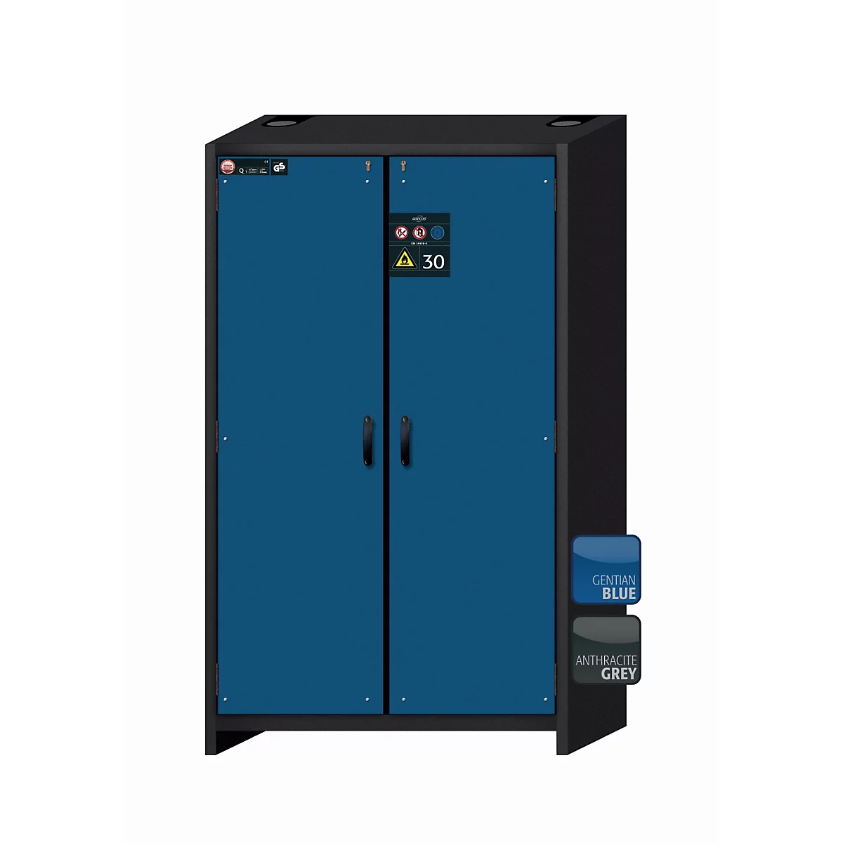 Armario de seguridad tipo 30 asecos Q-CLASSIC-30, puertas batientes, frontal azul genciana, An 1164 x P 620 x Al 1947 mm