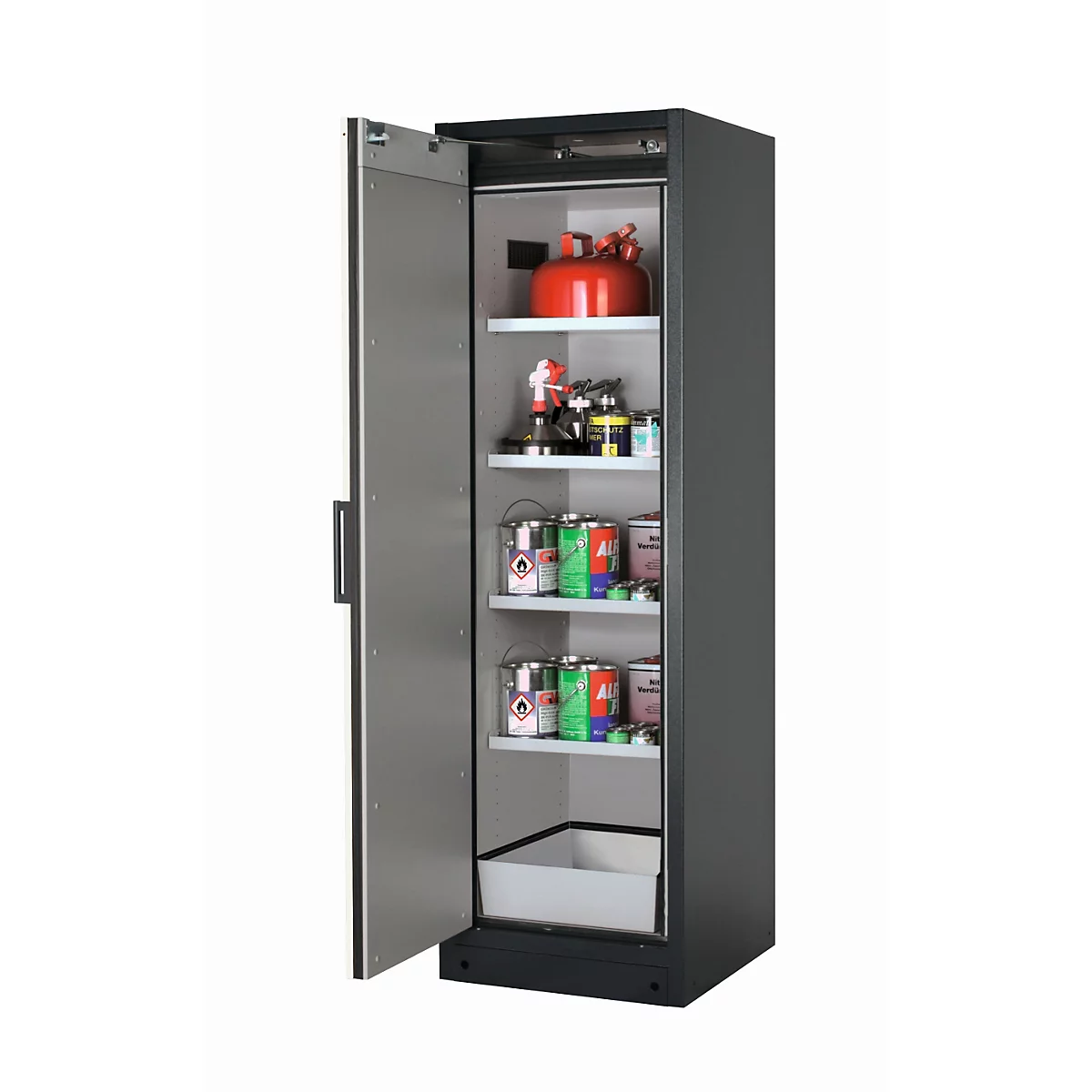 Armario de seguridad tipo 90 asecos Q-CLASSIC-90, puerta batiente, bisagra a la izquierda, frontal plata asecos, An 599 x P 615 x Al 1953 mm