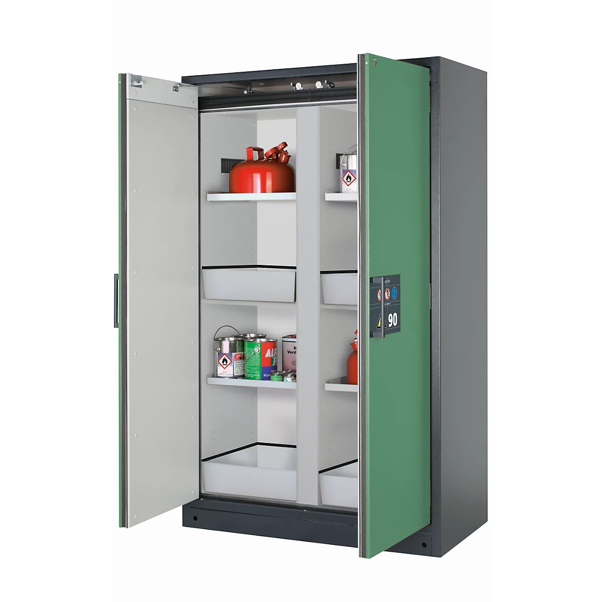 Armario de seguridad tipo 90 asecos Q-CLASSIC-90, puertas batientes, frontal verde reseda, An 1193 x P 615 x Al 1953 mm