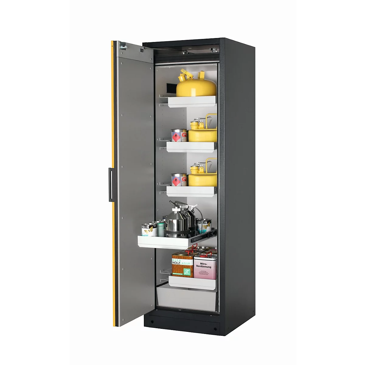 Armario de seguridad tipo 90 asecos Q-PEGASUS-90, puerta batiente con cierre automático, bisagra a la izquierda, frontal amarillo de seguridad, An 599 x P 615 x Al 1953 mm