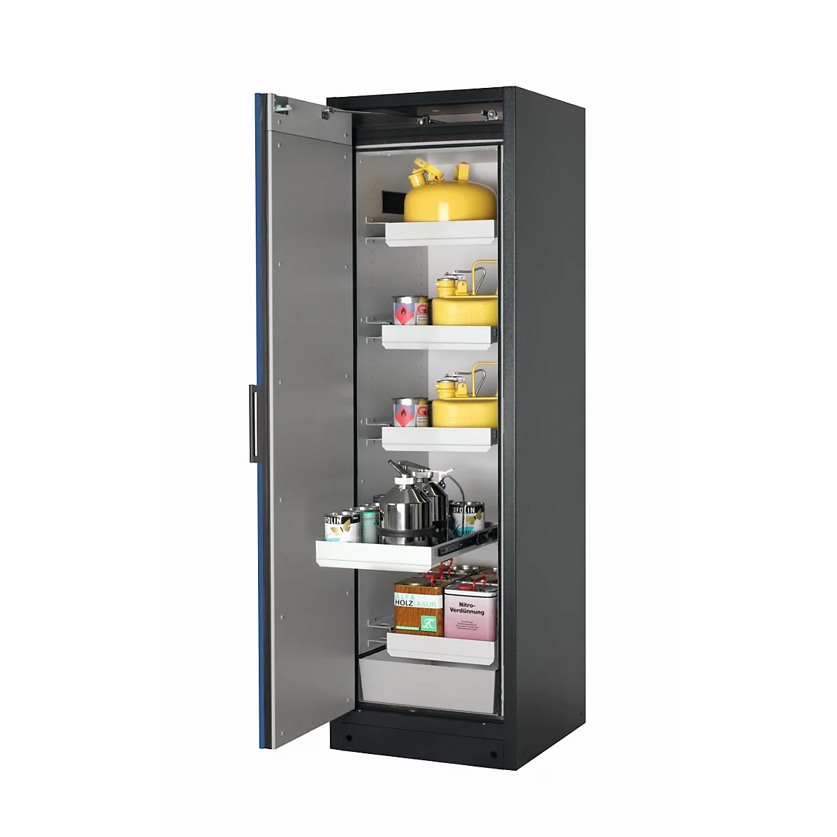 Armario de seguridad tipo 90 asecos Q-PEGASUS-90, puerta batiente con cierre automático, bisagra a la izquierda, frontal azul genciana, An 599 x P 615 x Al 1953 mm