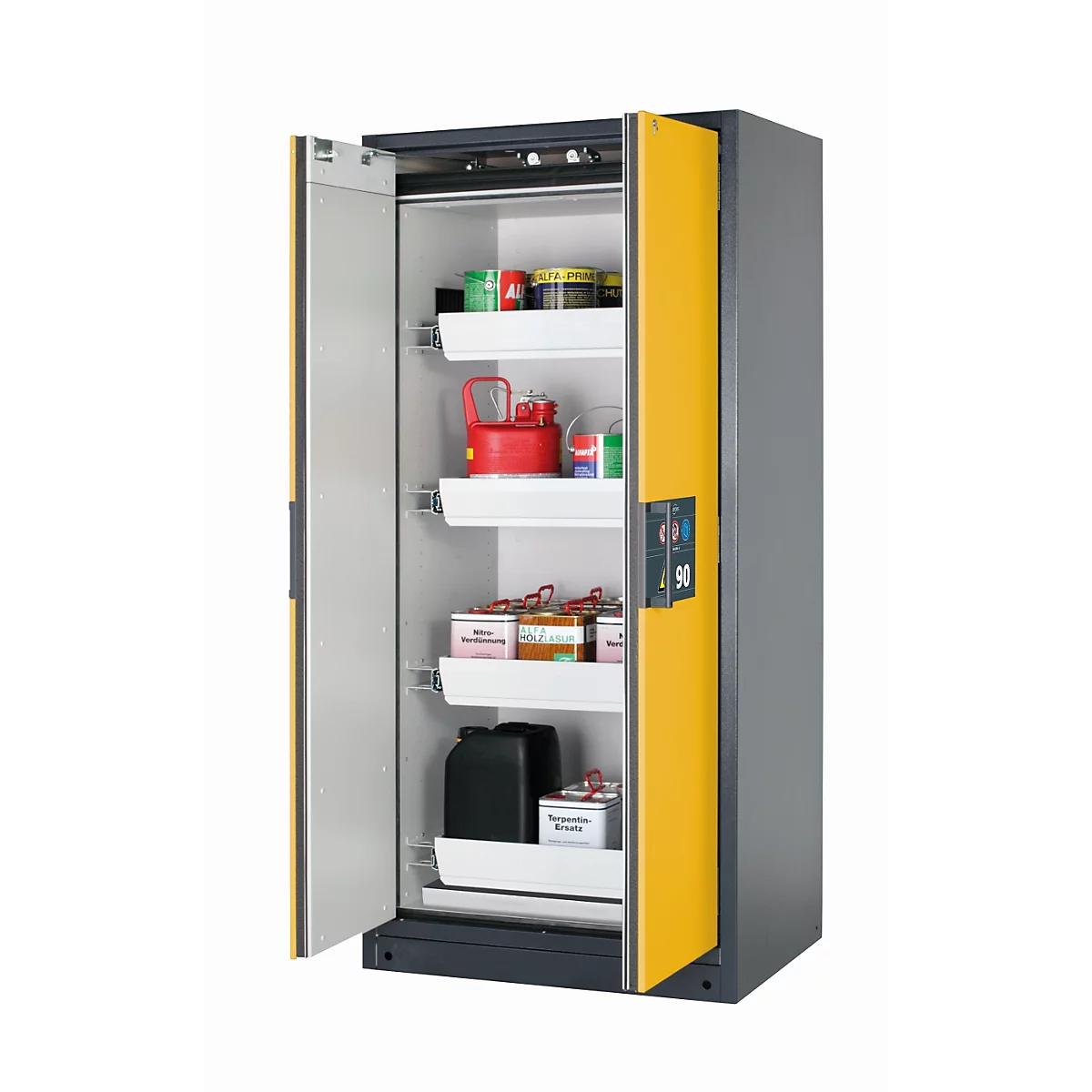 Armario de seguridad tipo 90 asecos Q-PEGASUS-90, puertas batientes con cierre automático, manejo con una mano, frontal amarillo de seguridad, An 893 x P 615 x Al 1953 mm