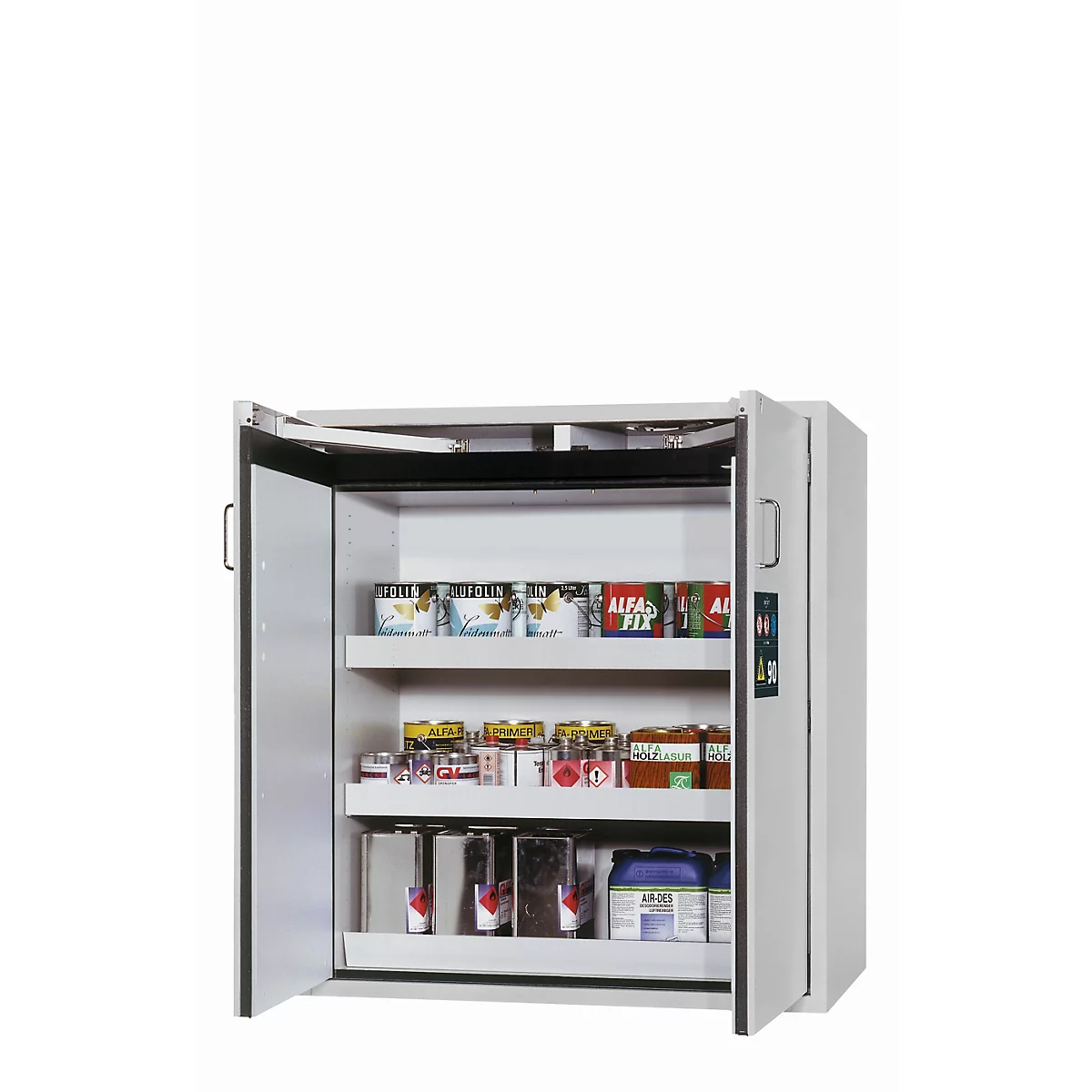 Armario de seguridad tipo 90 asecos S-CLASSIC-90, puertas batientes con sistema de fijación, frontal gris luminoso, An 1196 x P 616 x Al 1298 mm