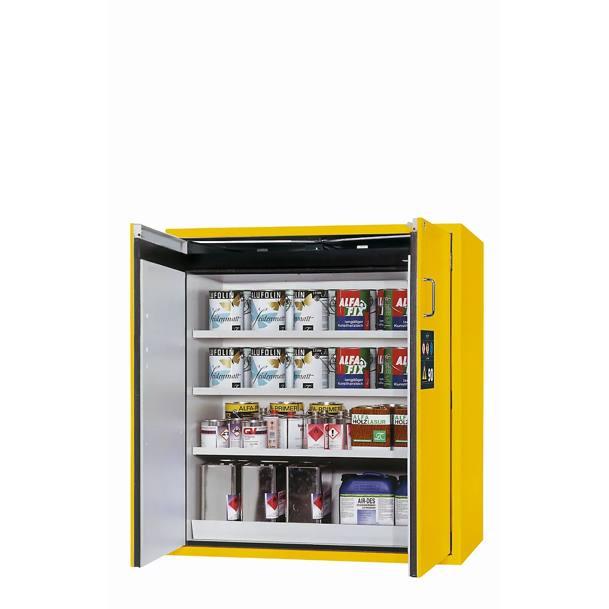 Armario de seguridad tipo 90 asecos S-PEGASUS-90, puertas batientes con cierre automático, manejo con una mano, frontal amarillo de seguridad, An 1196 x P 616 x Al 1298 mm