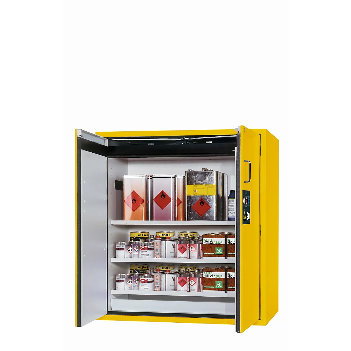 Armario de seguridad tipo 90 asecos S-PEGASUS-90, puertas batientes con cierre automático, manejo con una mano, frontal amarillo de seguridad, An 1196 x P 616 x Al 1298 mm