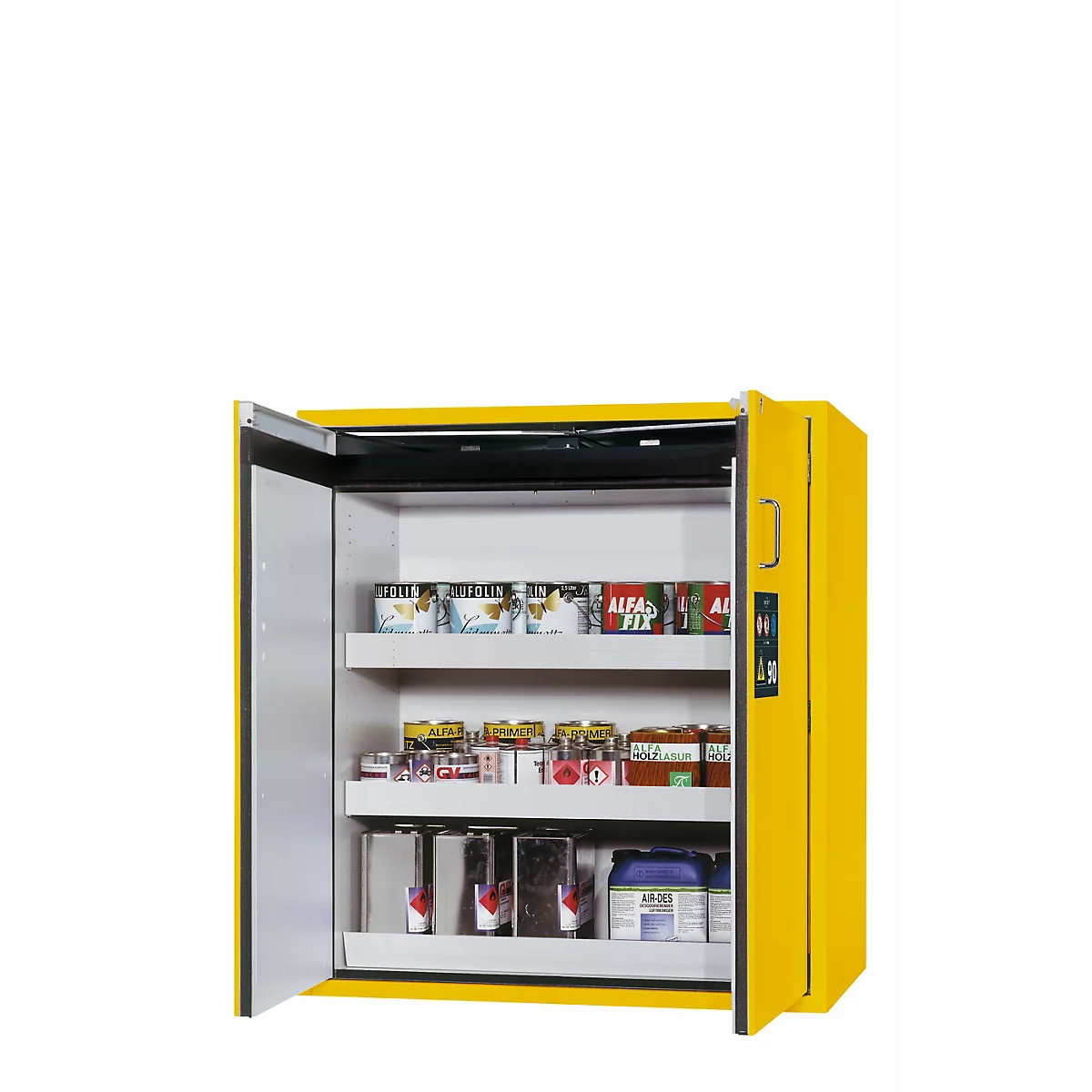 Armario de seguridad tipo 90 asecos S-PEGASUS-90, puertas batientes con cierre automático, manejo con una mano, frontal amarillo de seguridad, An 1196 x P 616 x Al 1298 mm