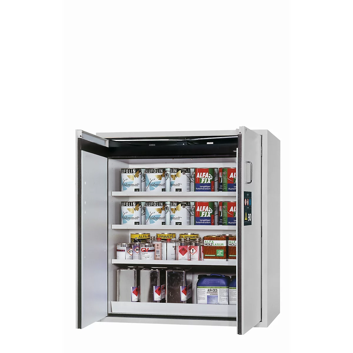 Armario de seguridad tipo 90 asecos S-PEGASUS-90, puertas batientes con cierre automático, manejo con una mano, frontal gris luminoso, An 1196 x P 616 x Al 1298 mm