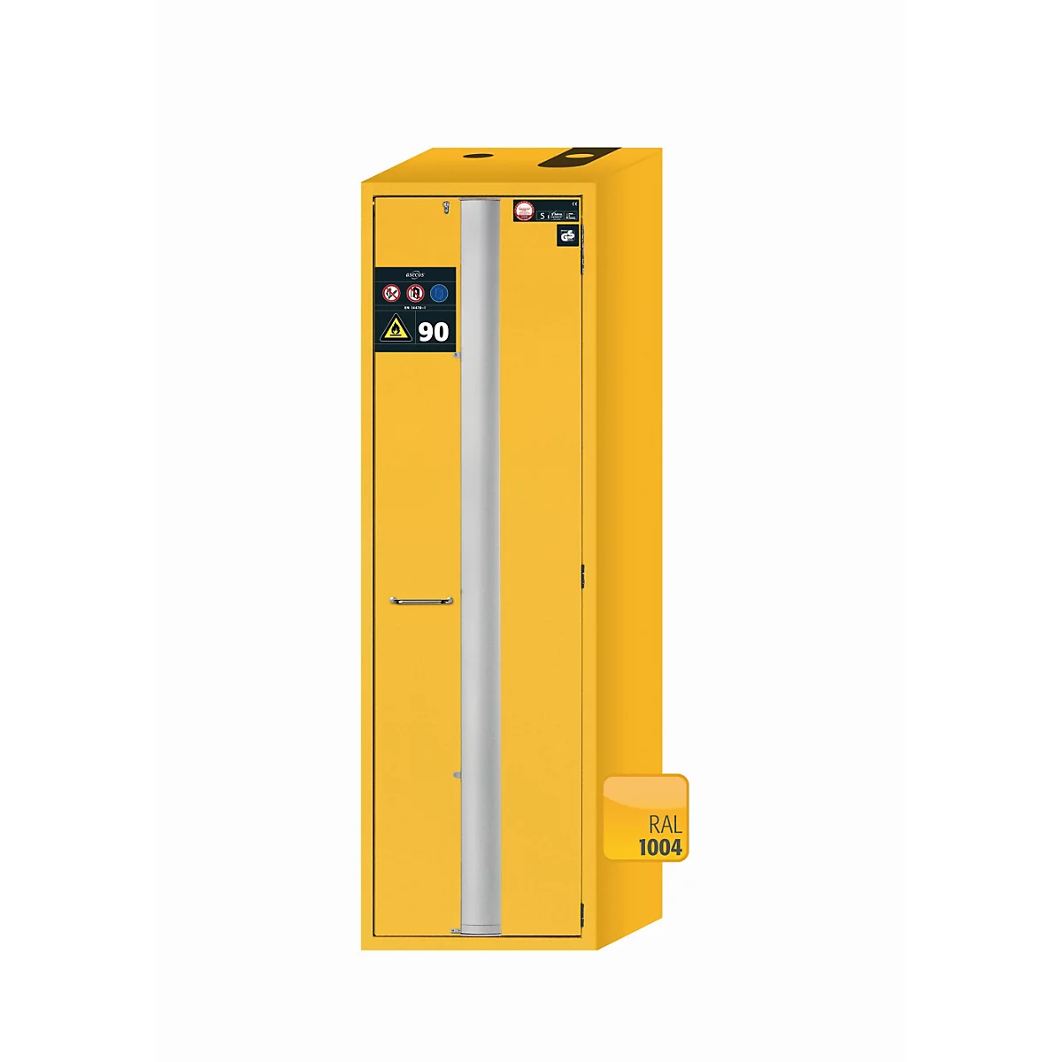 Armario de seguridad tipo 90 asecos S-PHOENIX-90, puerta plegable con sistema de fijación, bisagra a la derecha, frontal amarillo de seguridad, An 596 x P 616 x Al 1968 mm