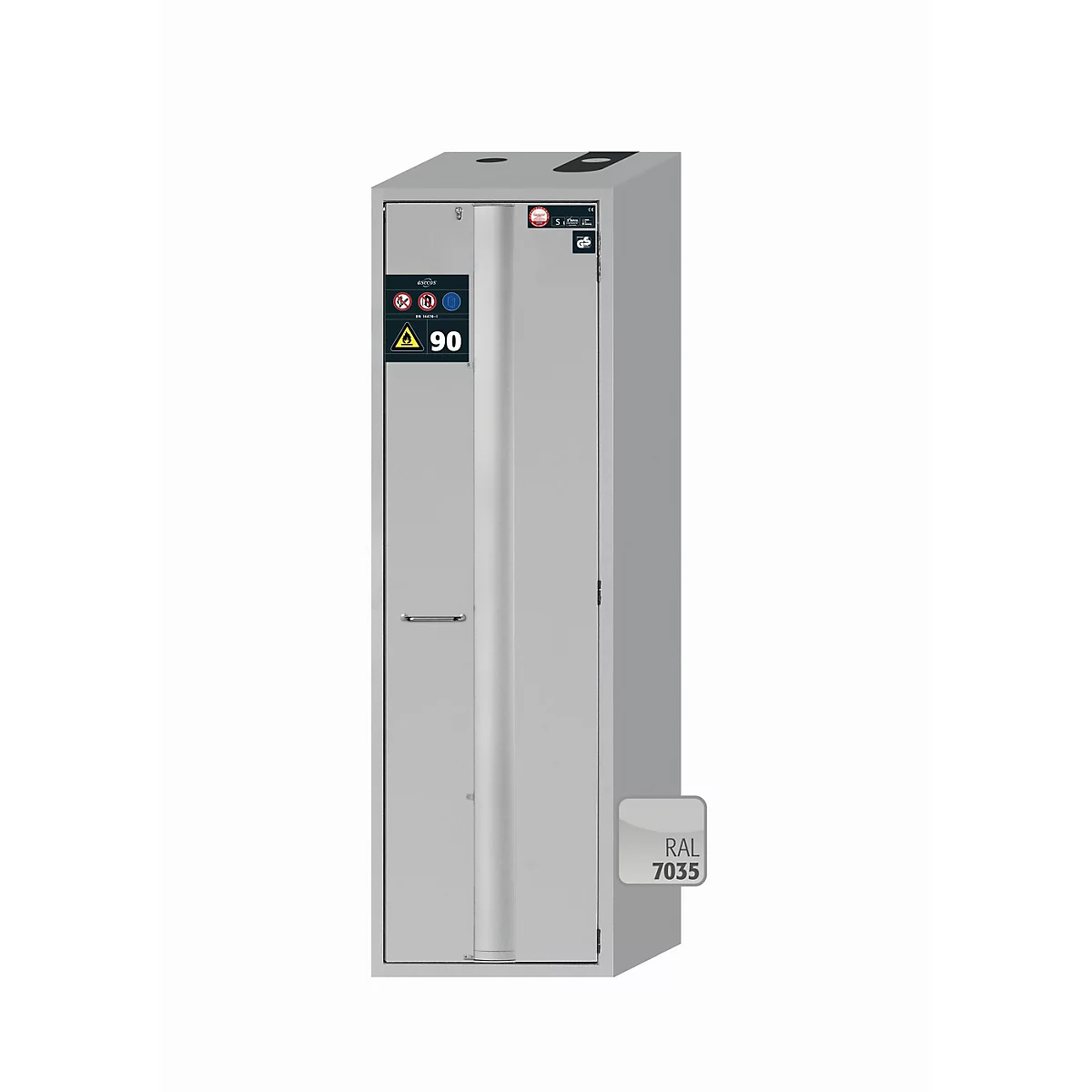 Armario de acero gris con puerta y panel de control con símbolos de advertencia y la designación A 90. En la parte inferior hay una muestra de color con la designación RAL 7035.
