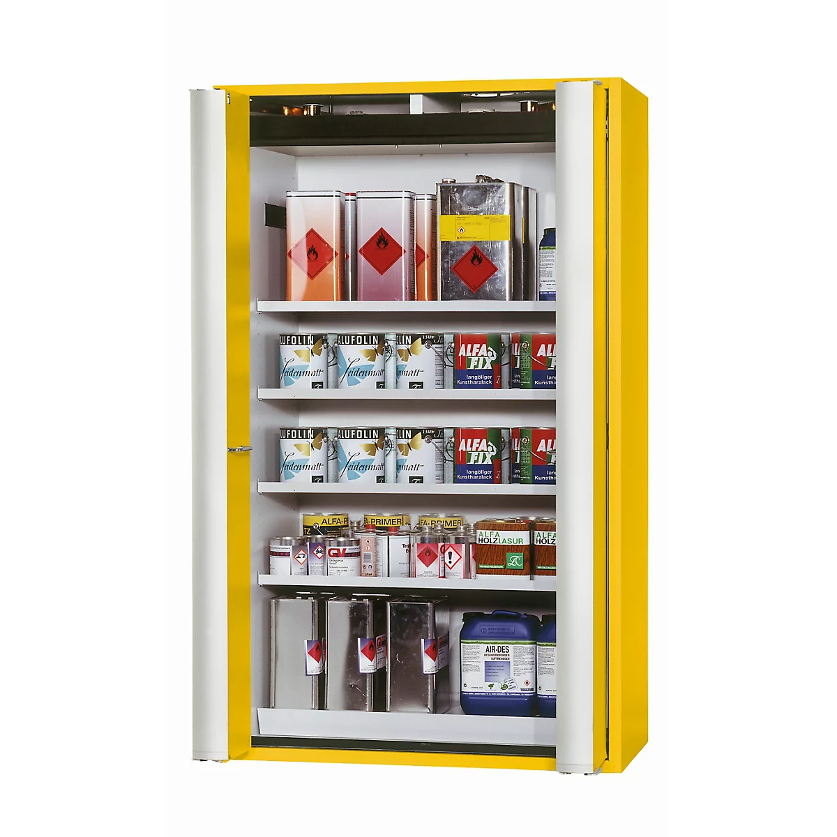 Armario de seguridad tipo 90 asecos S-PHOENIX-90, puertas plegables con sistema de fijación, frontal amarillo de seguridad, An 1196 x P 616 x Al 1968 mm