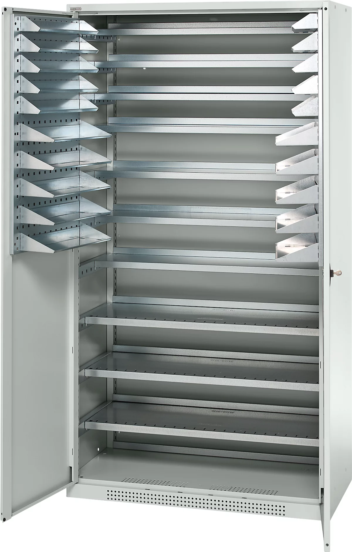 Armario divisorio de ala Schfäer Shop Genius FS, acero, con orificios de ventilación, ancho 1055 x fondo 620 x alto 1950 mm, 5 OH, gris claro/gris claro, hasta 500 kg