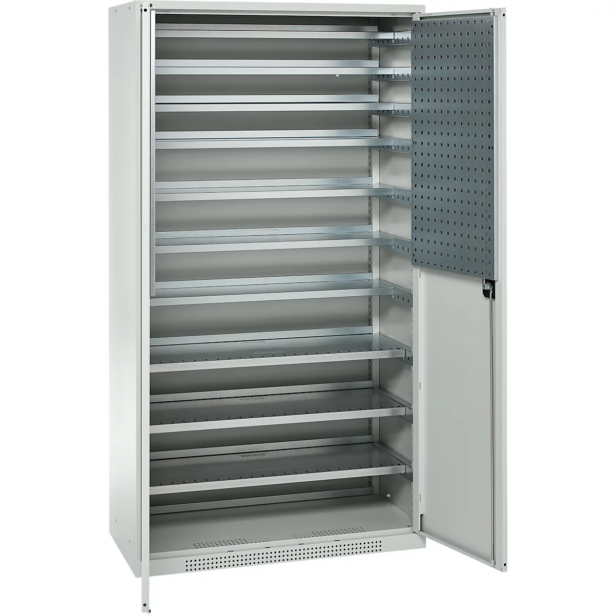 Armario divisorio de ala Schfäer Shop Genius FS, acero, con orificios de ventilación, ancho 1055 x fondo 620 x alto 1950 mm, 5 OH, gris claro/gris claro, hasta 500 kg