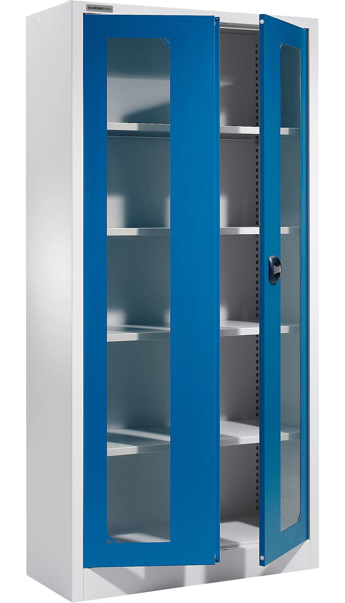 Armario multiusos Schäfer Shop Select MSI-ST 2409, con ventana, 4 estantes intermedios, ancho 950 x fondo 400 x alto 1935 mm, acero y paneles de vidrio ESG, aluminio blanco/azul marino