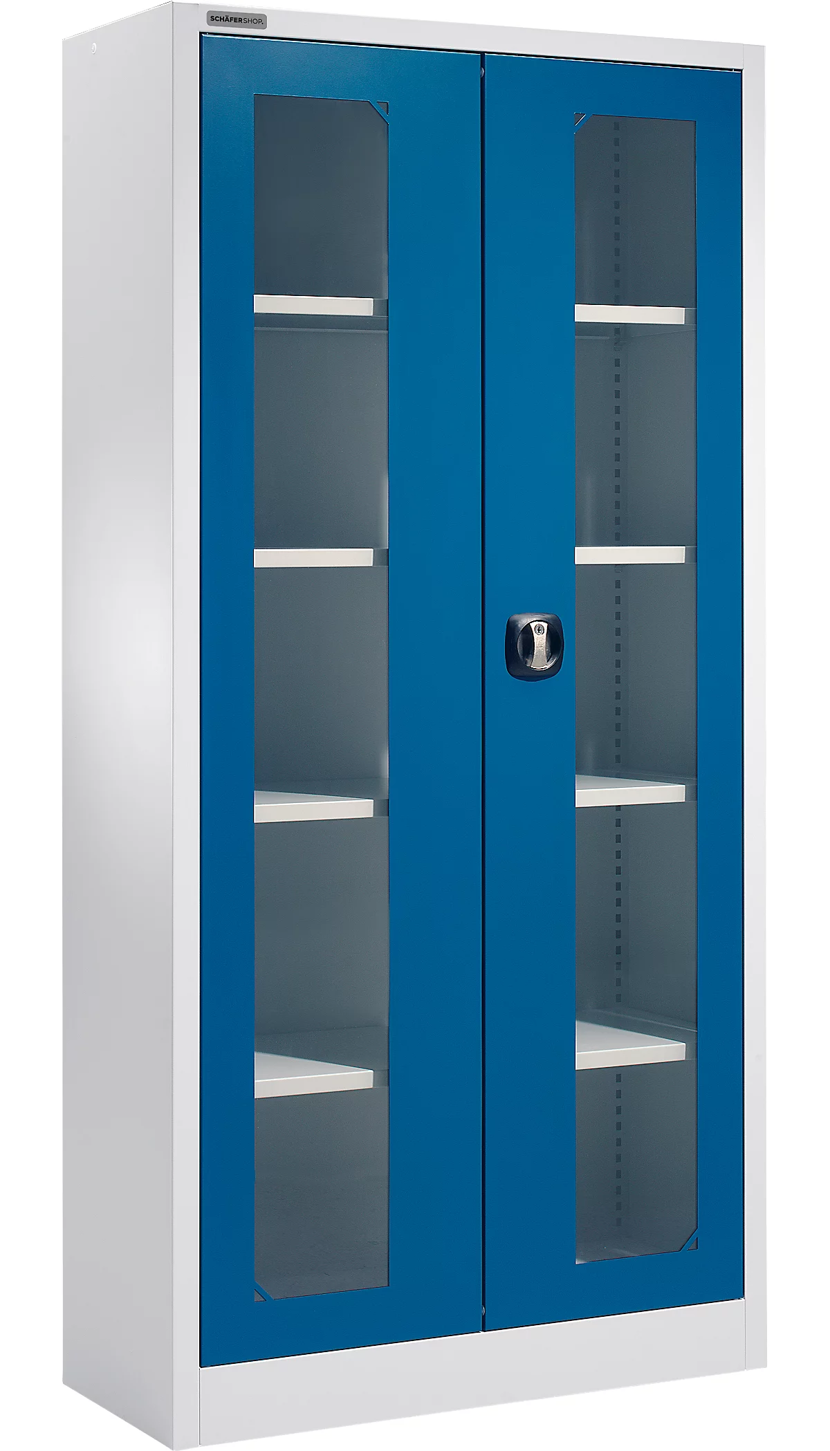 Armario multiusos Schäfer Shop Select MSI-ST 2409, con ventana, 4 estantes intermedios, ancho 950 x fondo 400 x alto 1935 mm, acero y paneles de vidrio ESG, aluminio blanco/azul marino