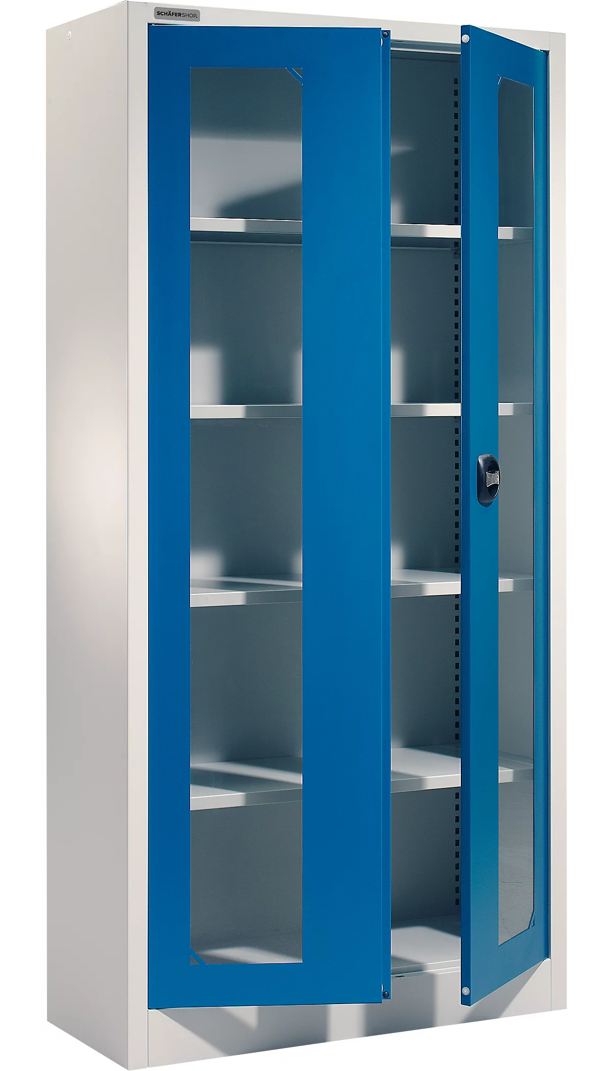 Armario multiusos Schäfer Shop Select MSI-ST 2409, con ventana, 4 estantes intermedios, ancho 950 x fondo 400 x alto 1935 mm, acero y paneles de vidrio ESG, gris claro/azul benigno