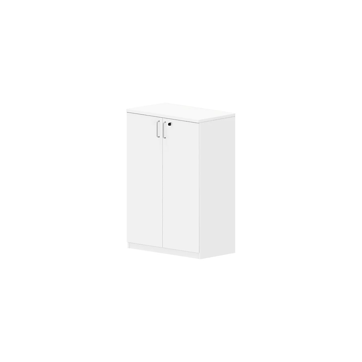 Armario blanco con dos puertas, dos manijas y una cerradura.