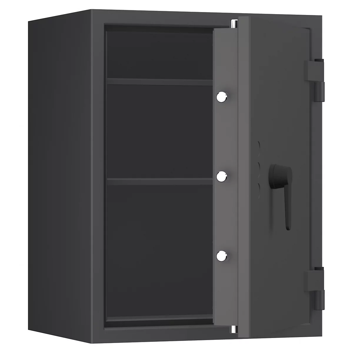 Una caja fuerte negra, la puerta está abierta. Se pueden ver dos estantes.