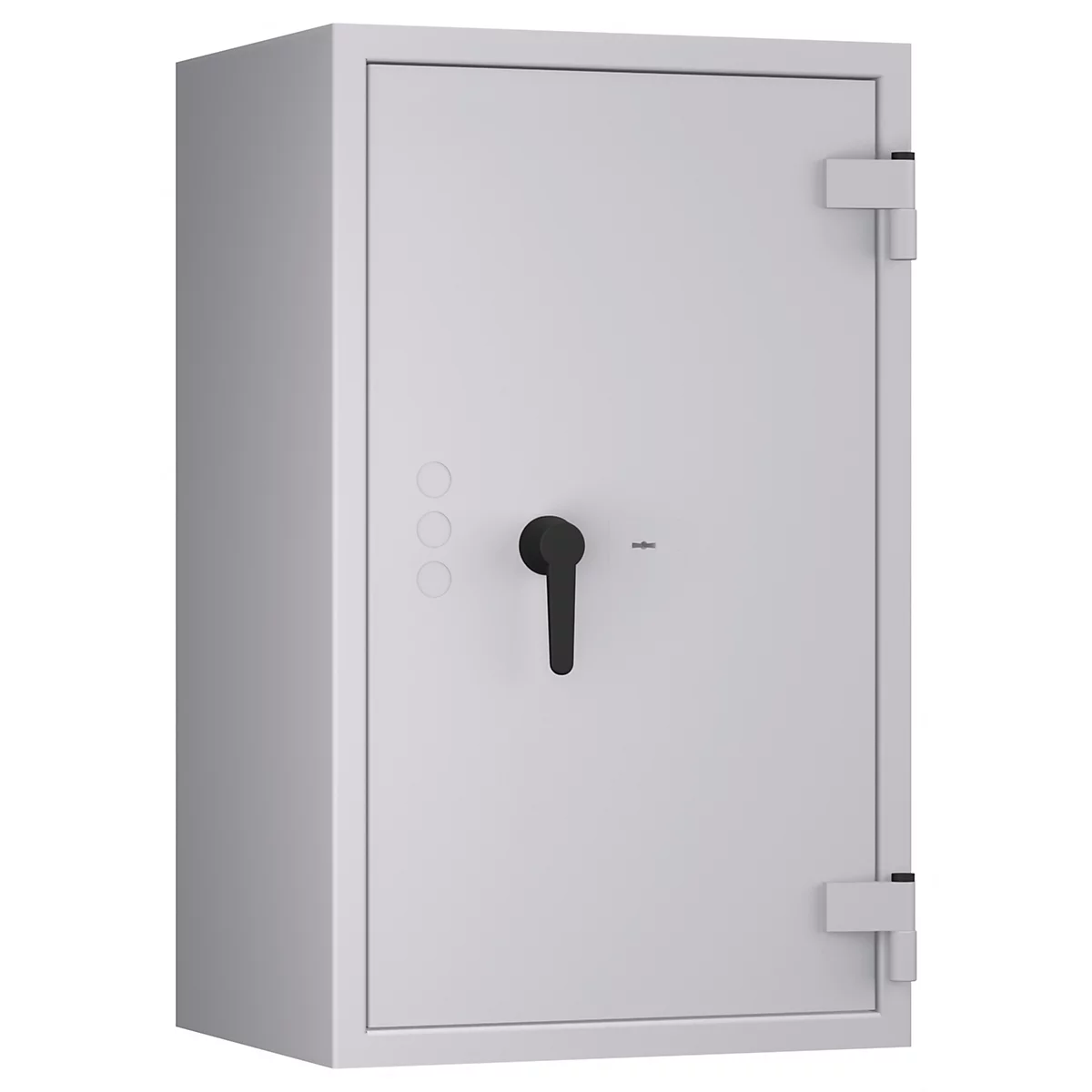 Caja fuerte gris sobre fondo blanco. Manija negra, tres botones y una bisagra en el costado. La puerta está cerrada.