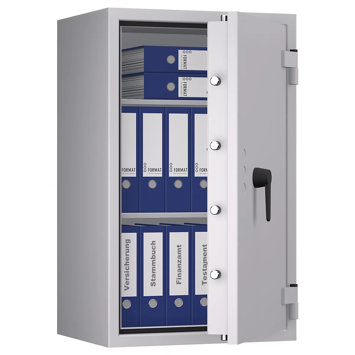 Caja fuerte gris, puerta abierta, llena de carpetas azules. Etiquetas: seguro, libro de familia, oficina de impuestos, testamento.