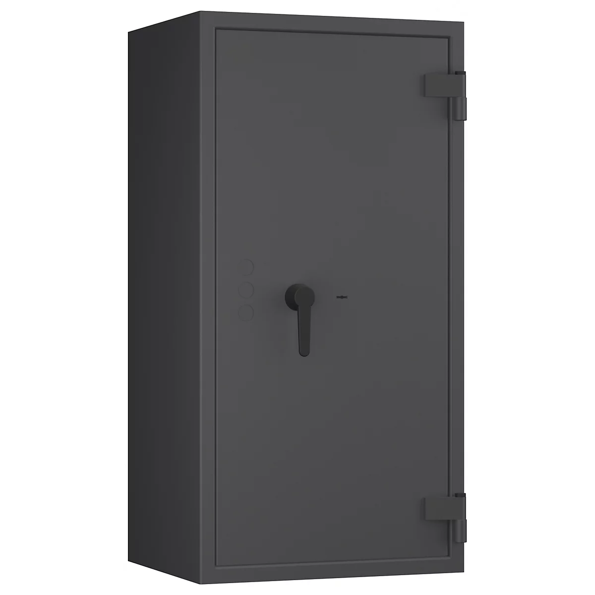 Caja fuerte gris, puerta con manija y cerradura. Las bisagras son visibles en la puerta.