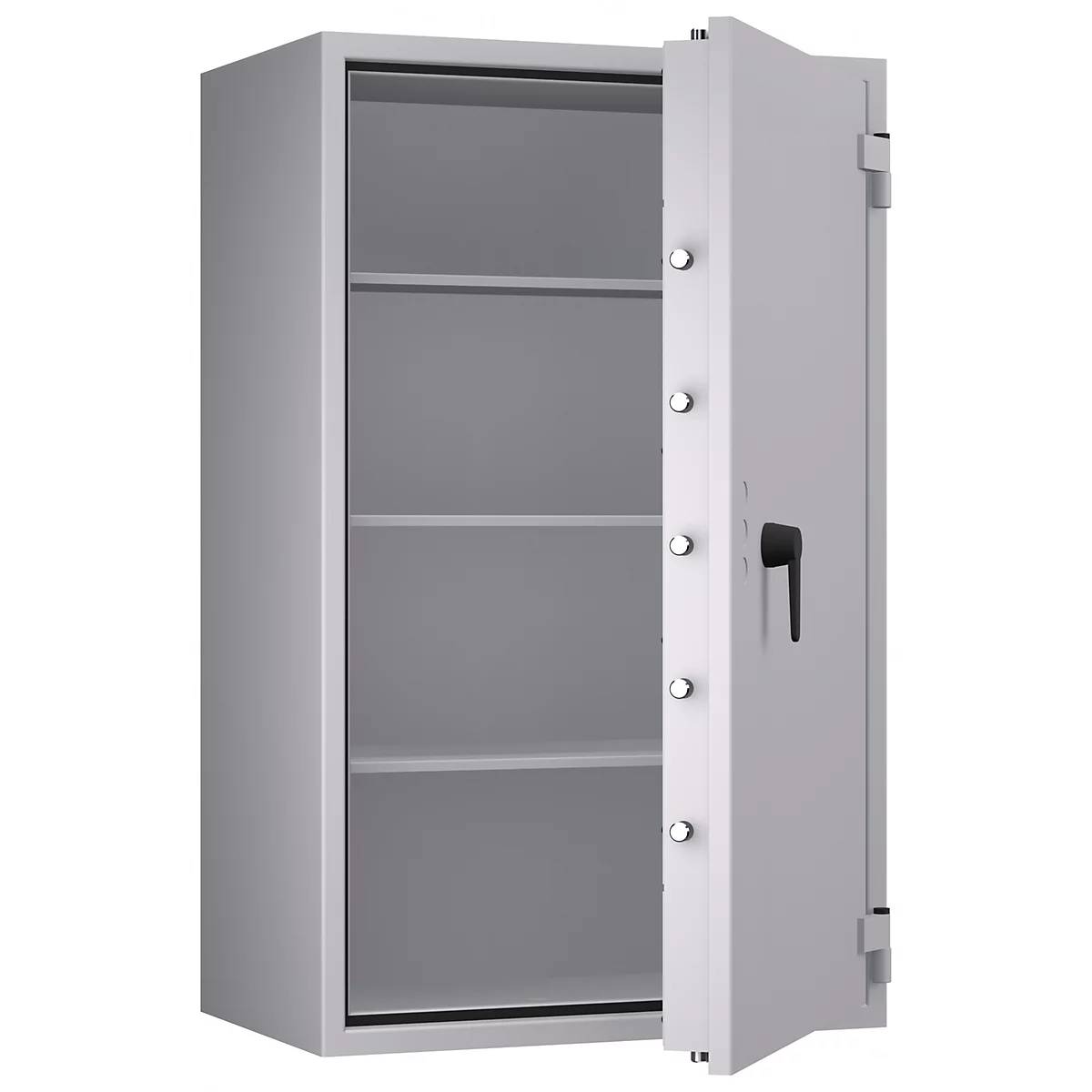 Caja fuerte gris con puerta abierta. Se ven varias estanterías en el interior.