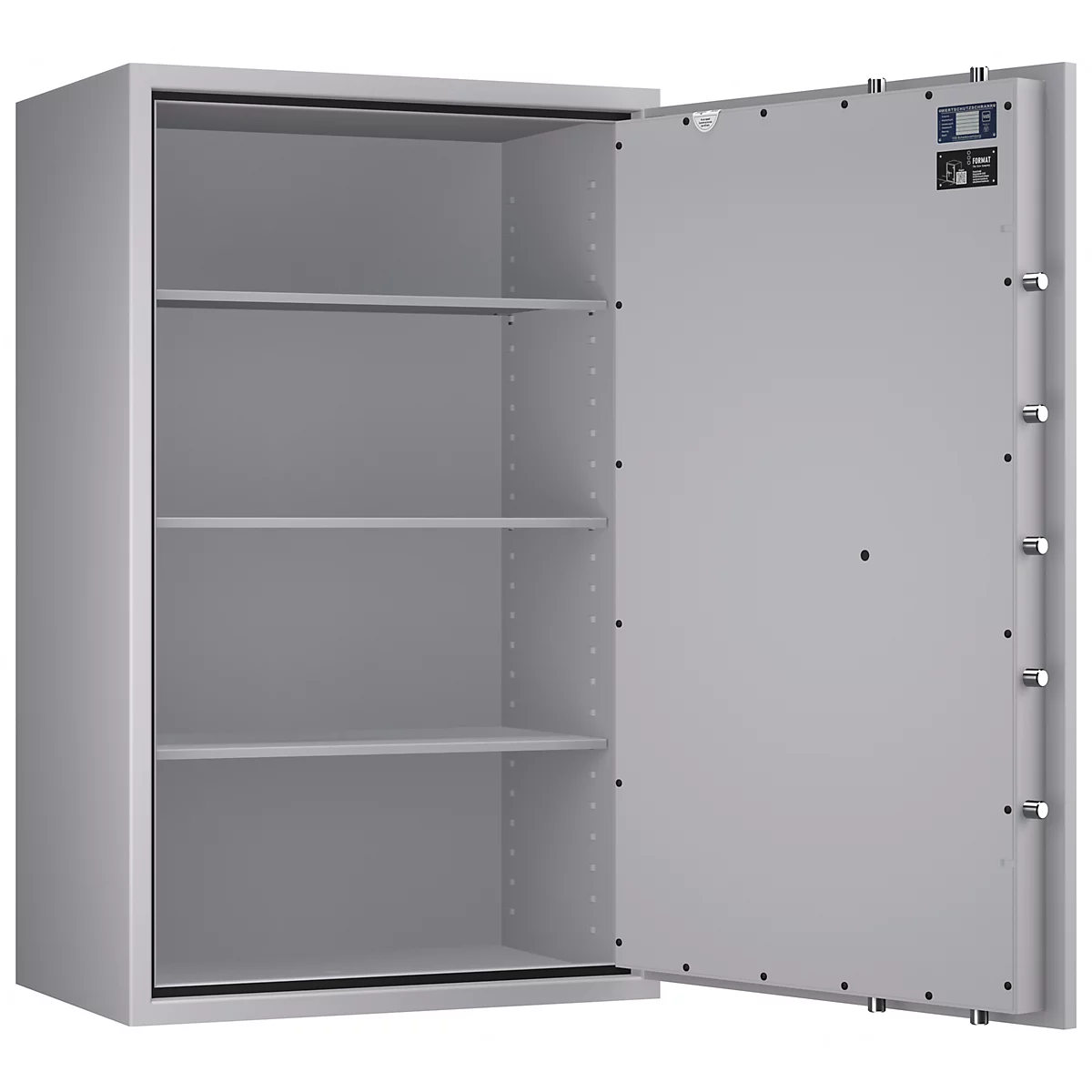 Caja fuerte gris, puerta abierta, con estantes en el interior.