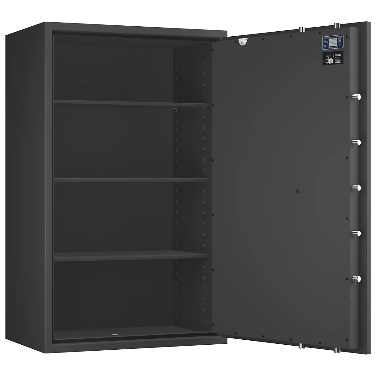 Una caja fuerte gris abierta. En el interior se ven varias estanterías, la puerta contiene un panel de control.