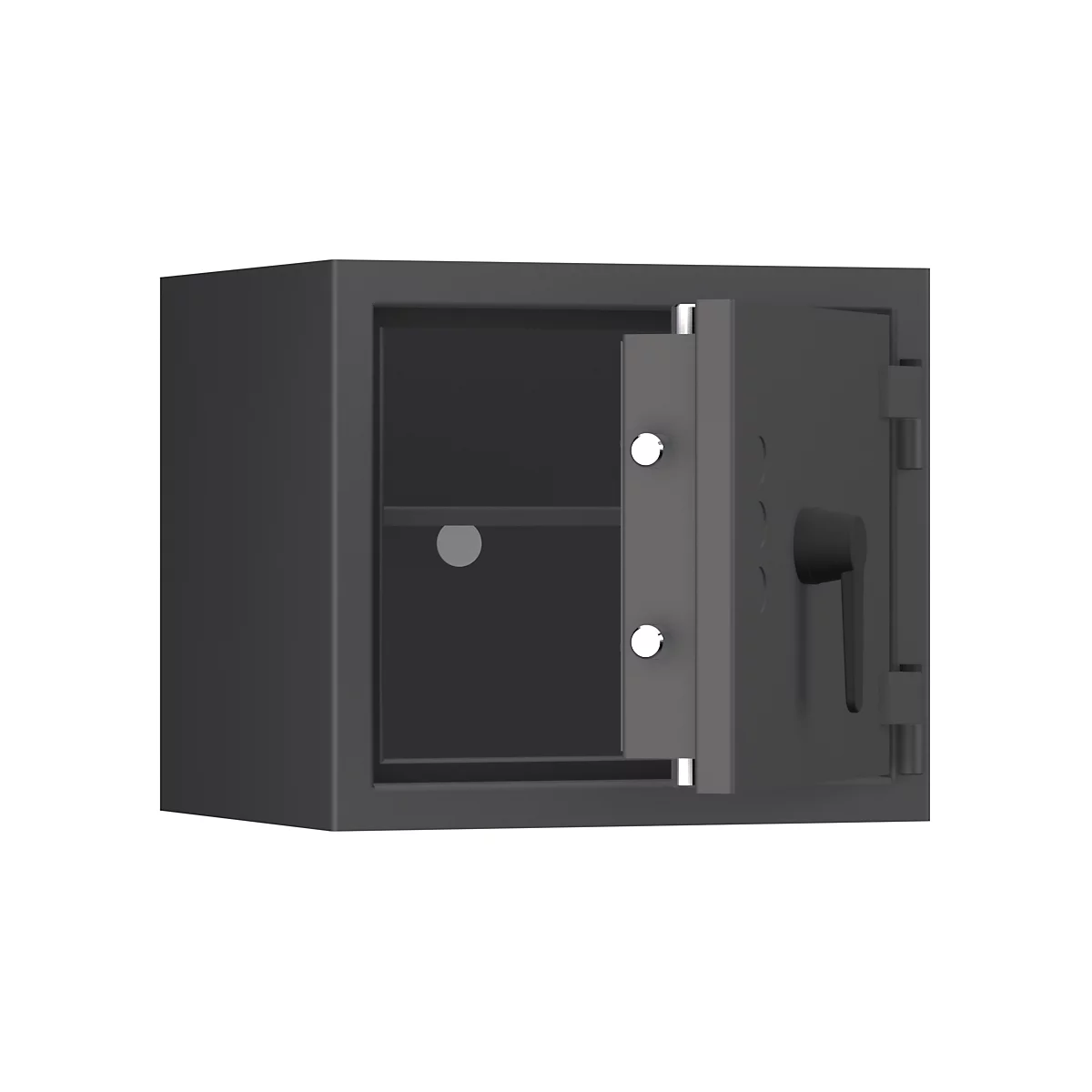 Una caja fuerte negra, la puerta está abierta, el mango es negro, en el interior hay un compartimento.