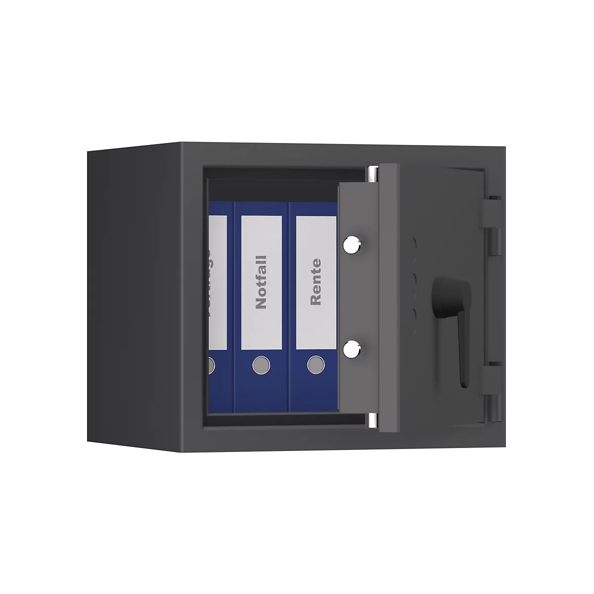 Una caja fuerte abierta con carpetas azules en su interior. Las carpetas tienen los términos Notfall y Rente.