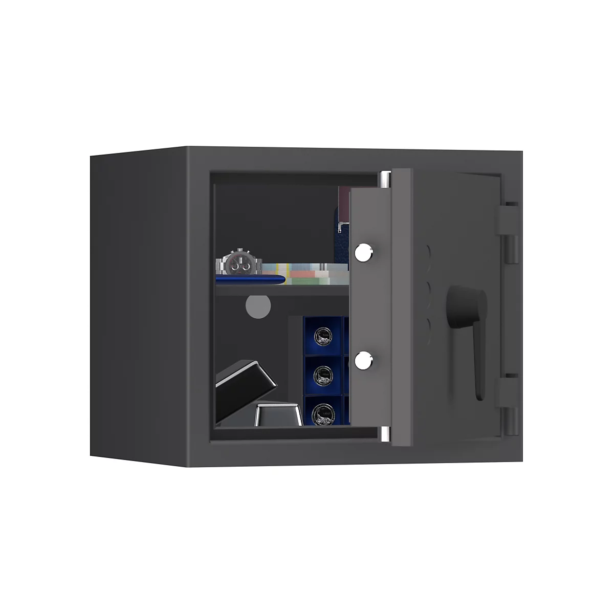 Puerta de caja fuerte negra abierta. Dentro de la caja fuerte hay un reloj, dinero en efectivo y joyas. Hay barras de metal en la parte inferior.