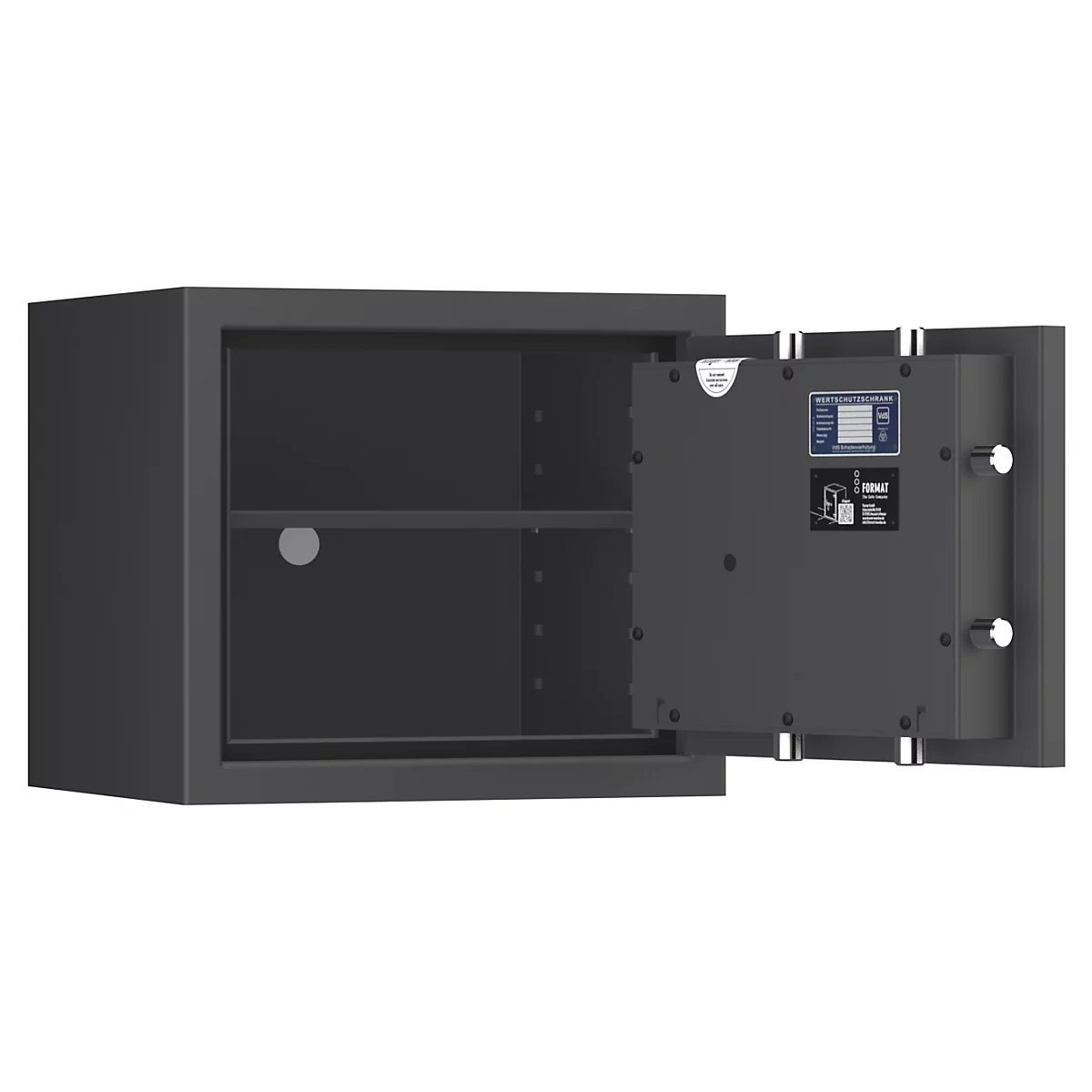 Caja fuerte gris, entreabierta. Interior con estante, puerta con letreros y dos manijas redondas.